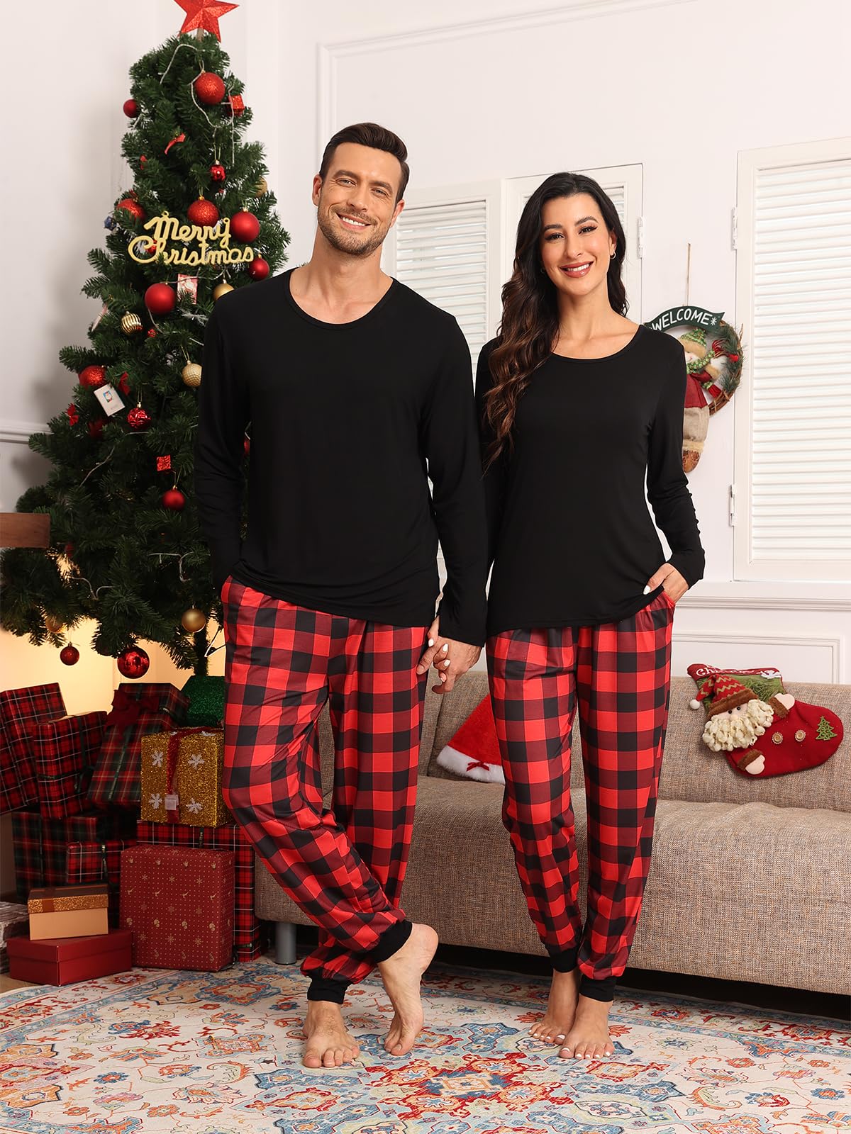 Conjunto de pijama a cuadros a juego para parejas, pijamas de Navidad para hombres y mujeres, conjunto de ropa de dormir de manga larga con bolsillos, S-2XL