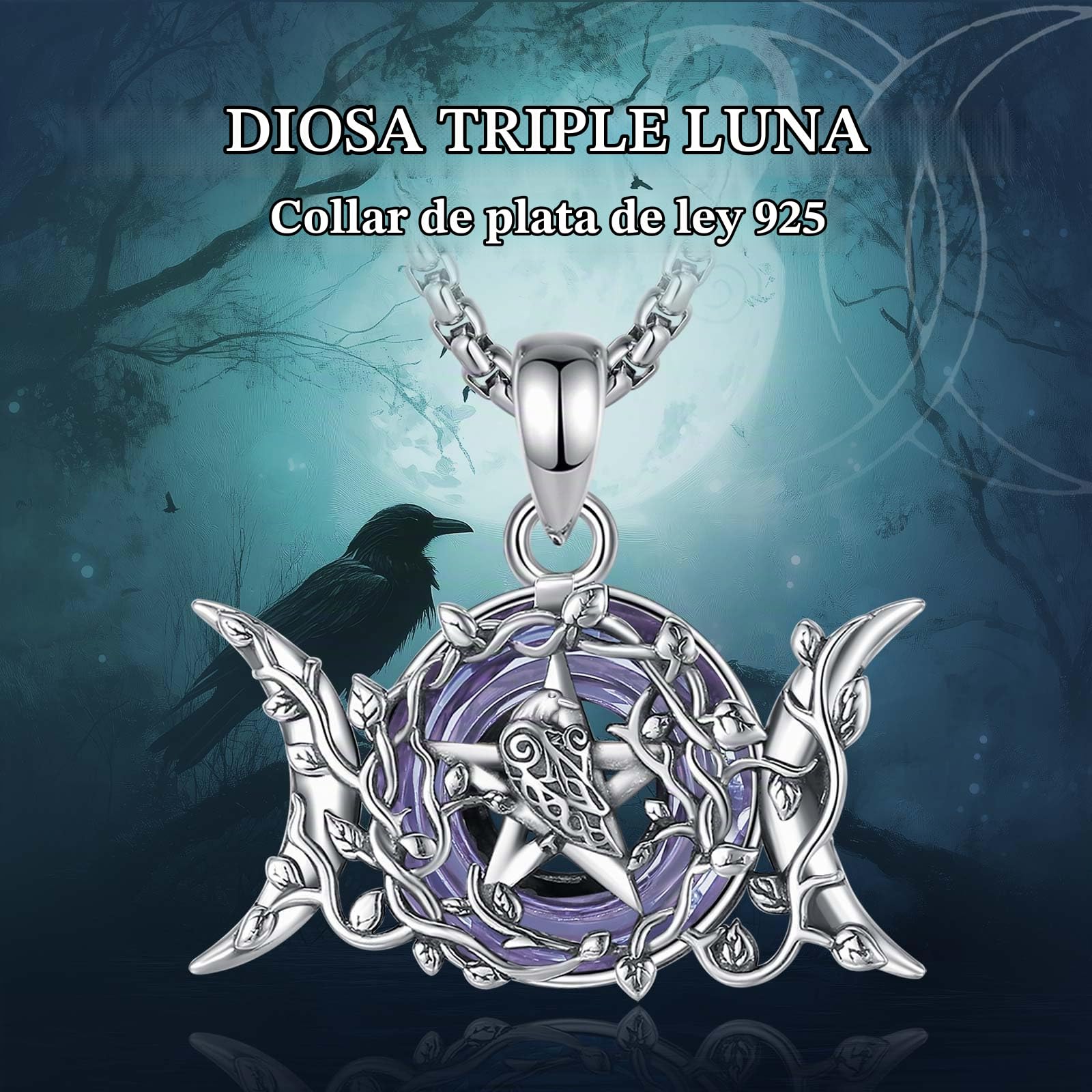 AEONSLOVE Colgante Diosa Hécate Plata de Ley 925 para Mujer, Collar Diosa Lilith Medalla Rueda de Hécate/Diosa Triple Luna, Joyas Brujería Wicca