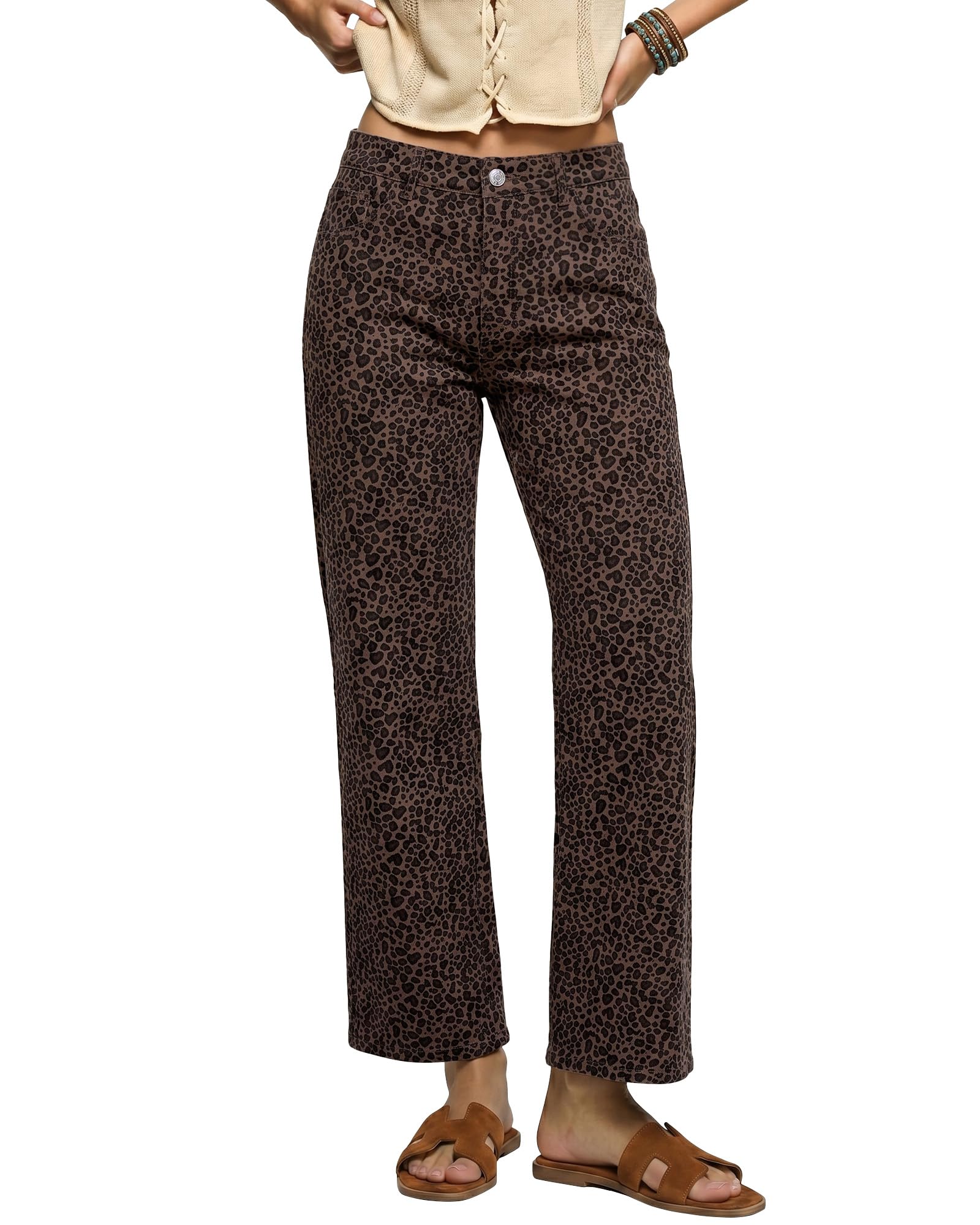 luvamia Wide Leg Leopard Print Jeans