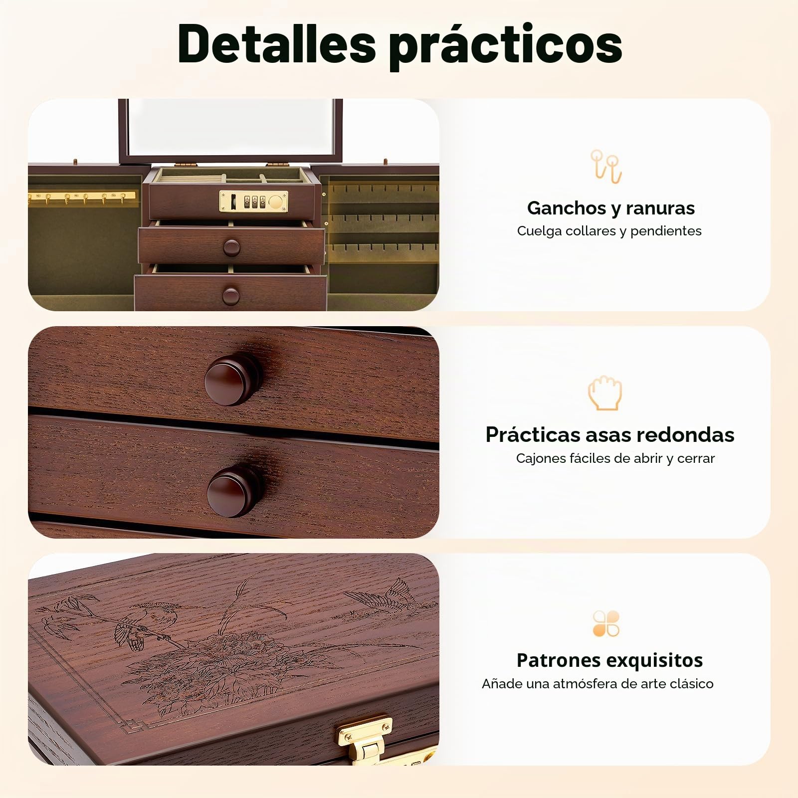 Joyero de madera grande, con 4 cajones, con cerradura y espejo