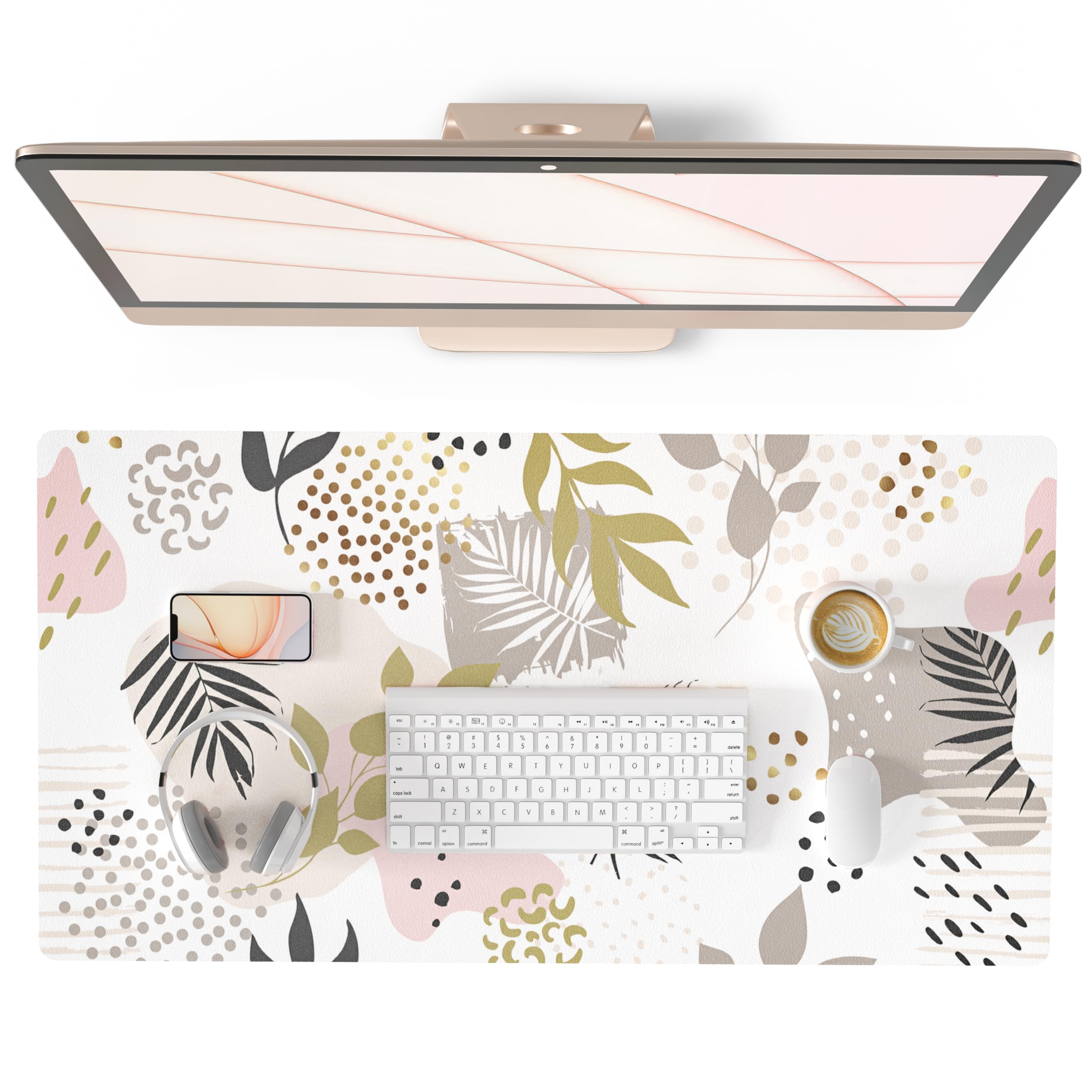 QIYI Large Mouse Pad, Exotic Pattern Desk Mat for Desktop, Women Girls Office Décor Desk Accessories, PU Leather Waterproof Gaming Mousepad, Tropical Plants Gold Desk Pad Computer Mat, 31.5" x 15.7"