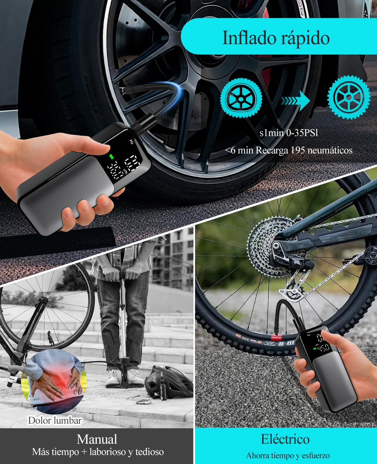 Compresor Aire Portatil Inflador Ruedas Coche 8000mAh 150PSI radiador Espiral acelera disipación Calor&Power Bank Hinchador Electrico Bicicleta para Auto con LED, para, Moto, Bicicleta, Pelot