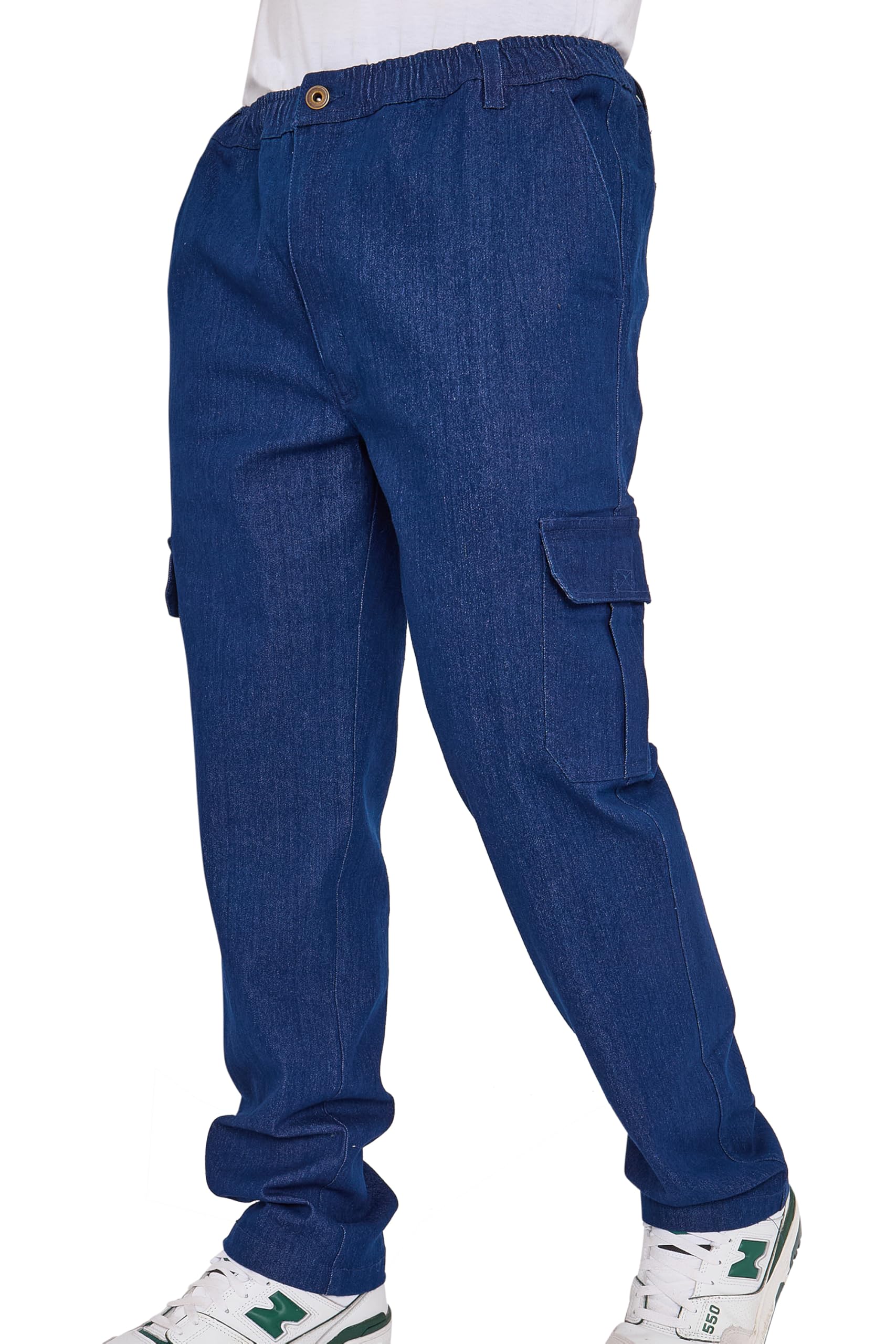 Label Apparel Men's Indigo ’S Utility Denim Cargo Trousers – Elasticated Waist, Cargo & Back Pockets, Straight-Leg Fit – Durable Workwear Style Jeans (-5Xl)