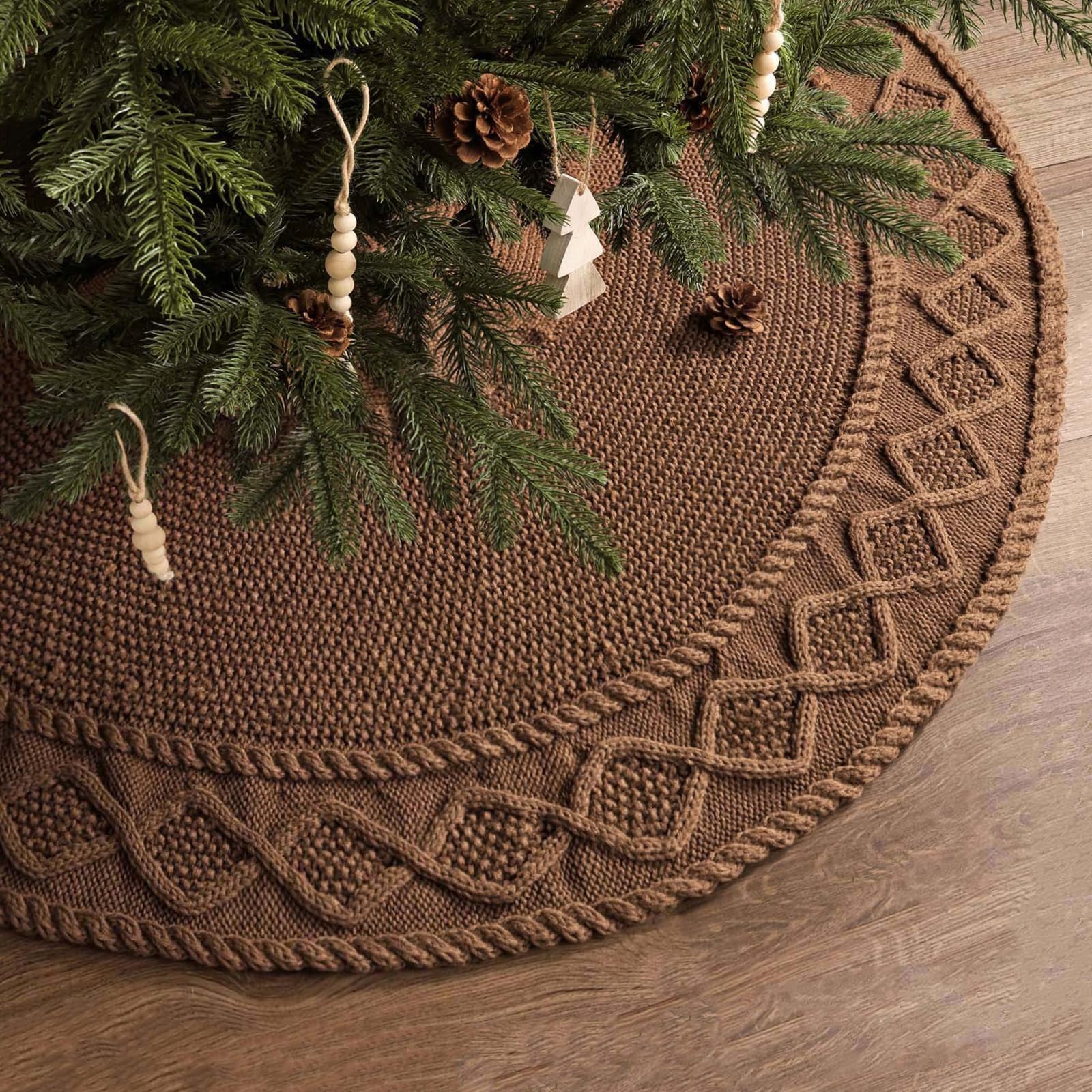 36 inch Christmas Tree Skirt: Pencil Tree Skirt for 6ft Tree, Diamond Edge Knit Small Western Brown Tree Skirt, Vintage Tree Skirts, Rustic Farmhouse Christmas Decorations