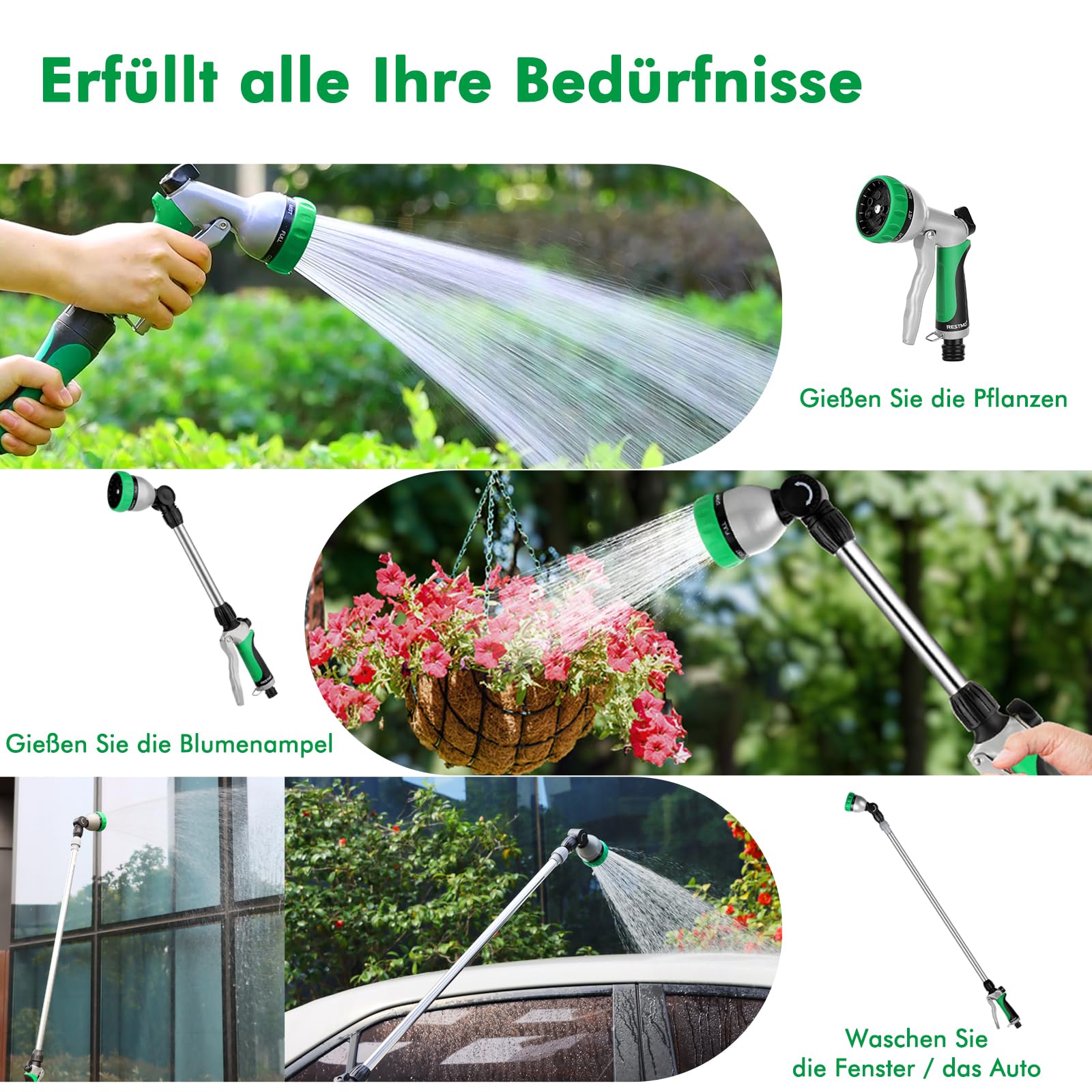 RESTMO Langer Teleskop Gießstab 92-152 cm, Lang Gartenbrause Metall mit 180° schwenkbaren Kopf, 7 Sprühmustern, Durchflusskontrolle, Bewässerung Zauberstab zum Blumenampeln und Sträucher, Grün
