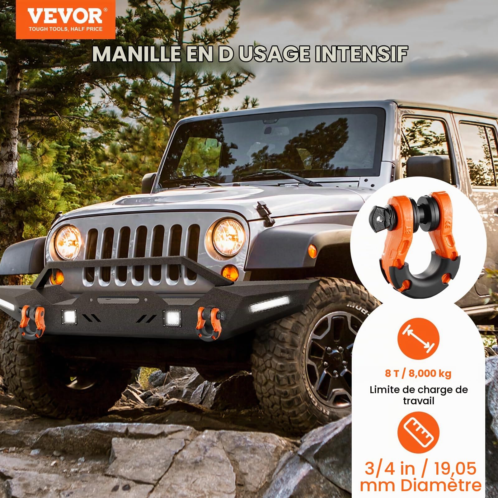 VEVOR Manille à anneau D 19 mm, lot de 2 manilles de remorquage acier allié, résistance à rupture 30 t avec goupille à vis 22 mm, isolateurs et rondelles, récupération pour VTT, camions, jeep, orange