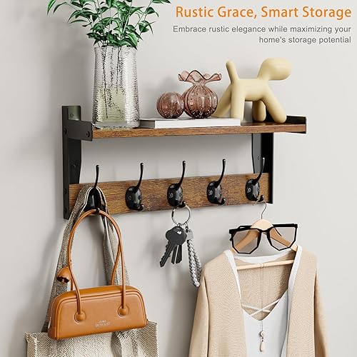Miniatura 6 de Ganchos de pared con estante, perchero de madera con estante montado en la pared, estantes colgantes de entrada con 5 ganchos de metal para ropa,