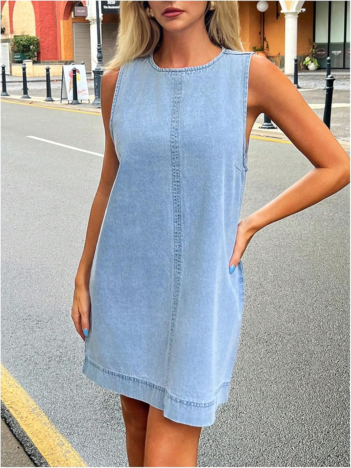Milumia Women's A-Line Sleeveless Crew Neck Denim Dress Loose Casual Mini Jean Dresses - Image 4