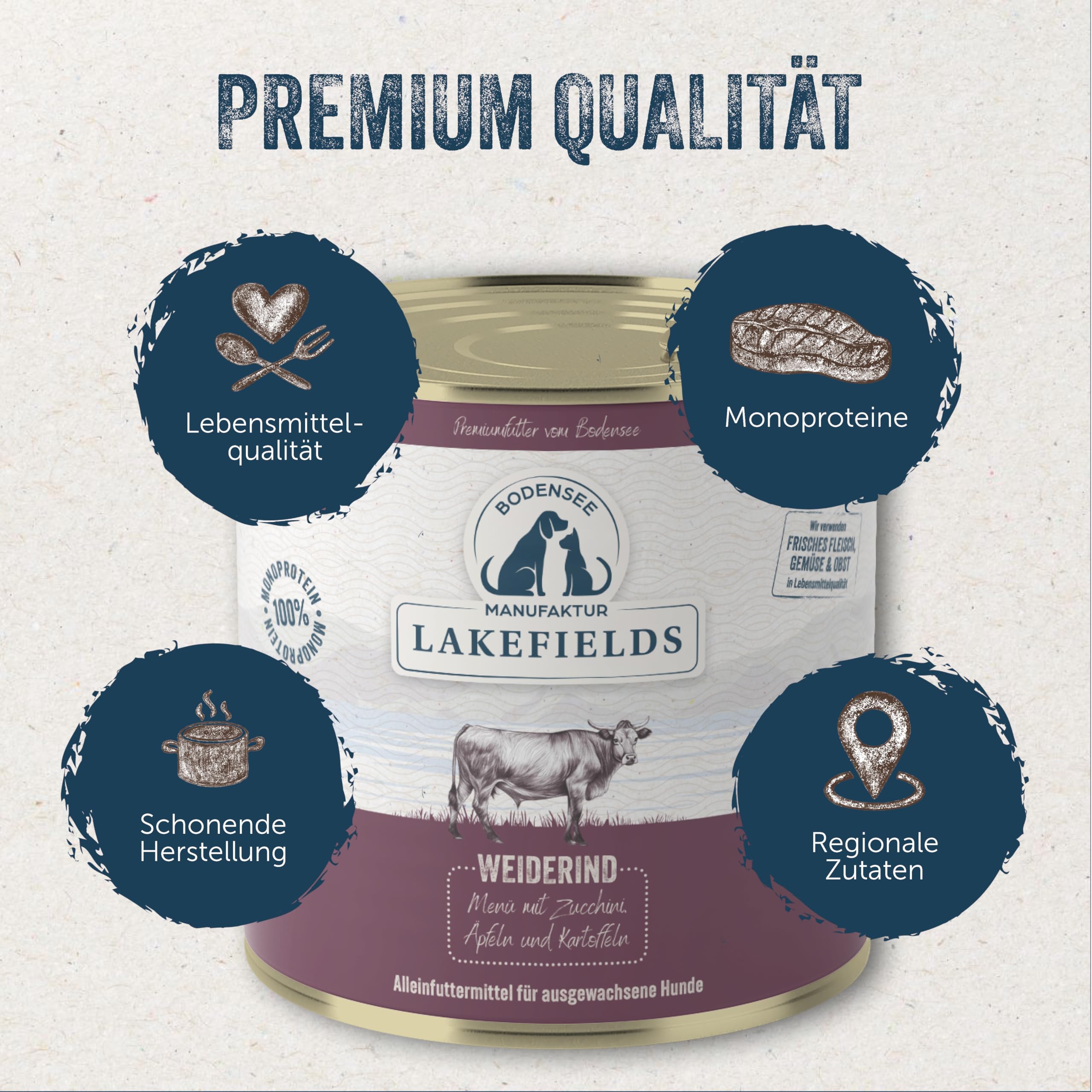 Lakefields Premium Hundefutter Nass | Rind 61% | 6 x 800g | Getreidefreies Nassfutter für Hunde | Natürliche Zutaten in Lebensmittelqualität | Äpfel, Zucchini & Karotten | Schonend gegart