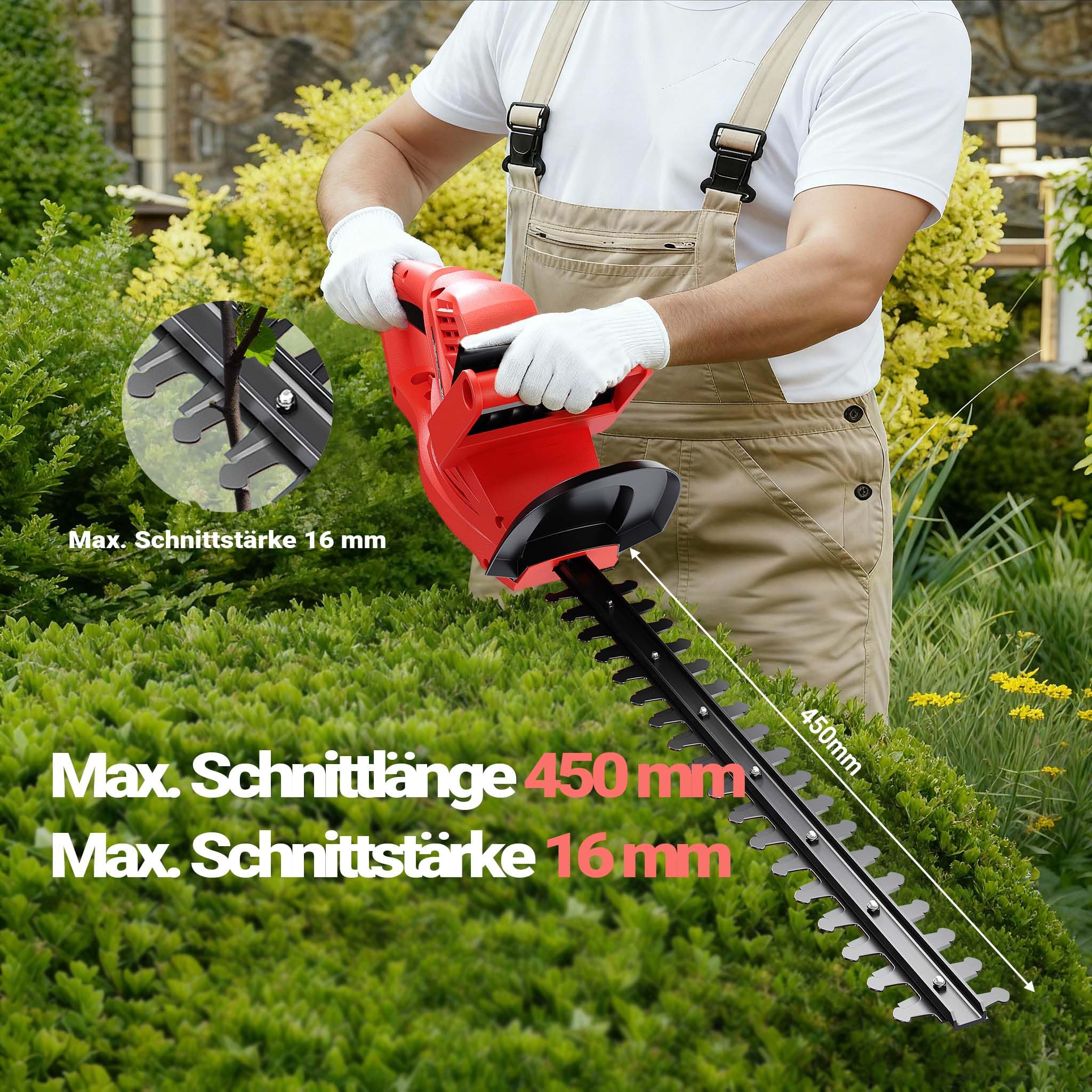 Wiltec Elektrische Heckenschere 520 W, Heckenschneider mit Schnittlänge 450 mm, Heckensäge mit Schnellstopp-Bremse, Freischneider mit Handschutz