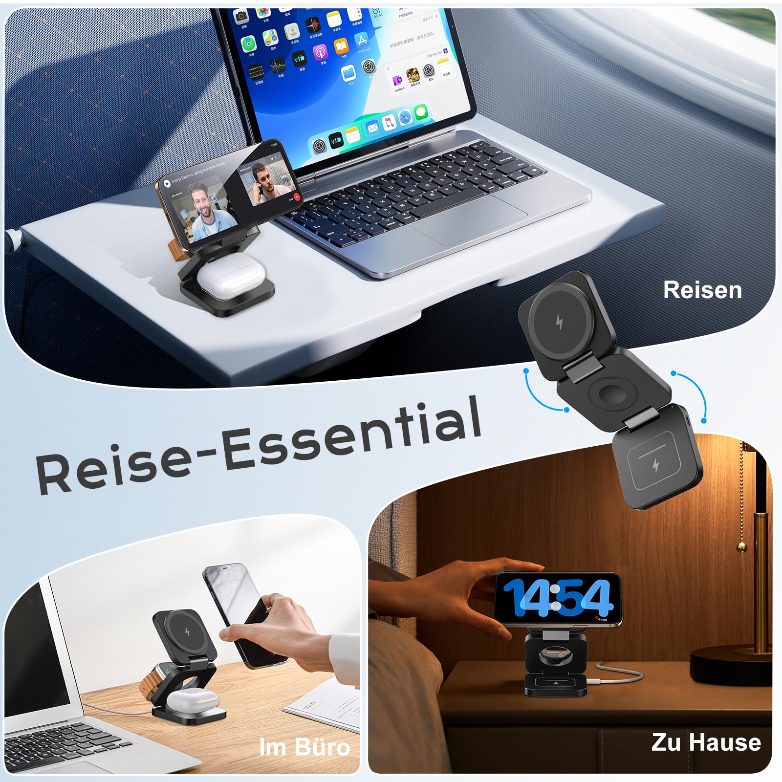 KU XIU 3-in-1 Induktive Ladestation Kompatibel mit Magsafe Ladegerät | Ladestation für iPhone 17/16/15/14/13/12, Faltbare Reisen Wireless Charger für Apple Watch und AirPods(Adapter inklusive)