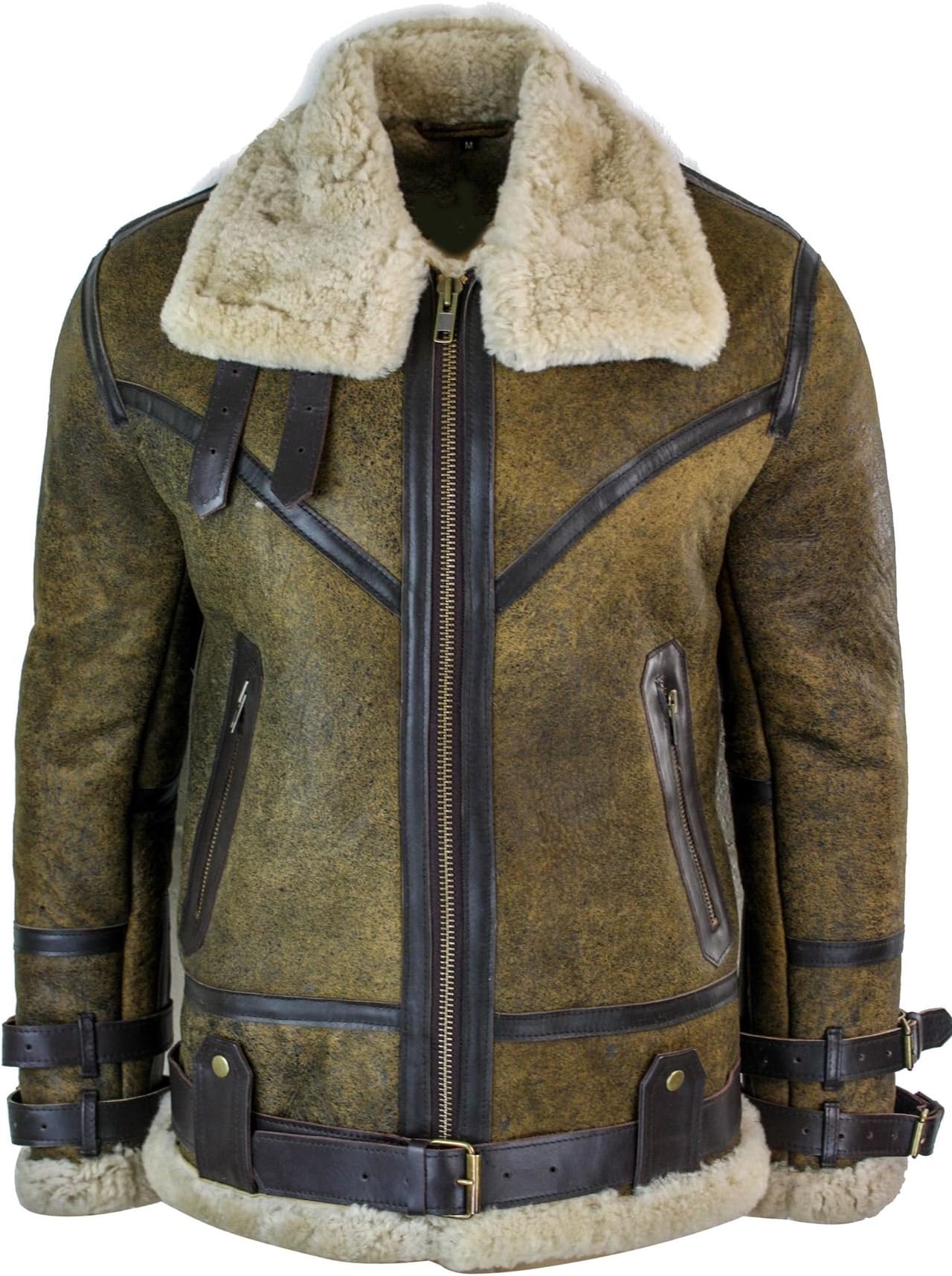 InfinityMens Sherling Real Sheepskin Leather Viking Vintage RAF Jacket Brown Cream Fur