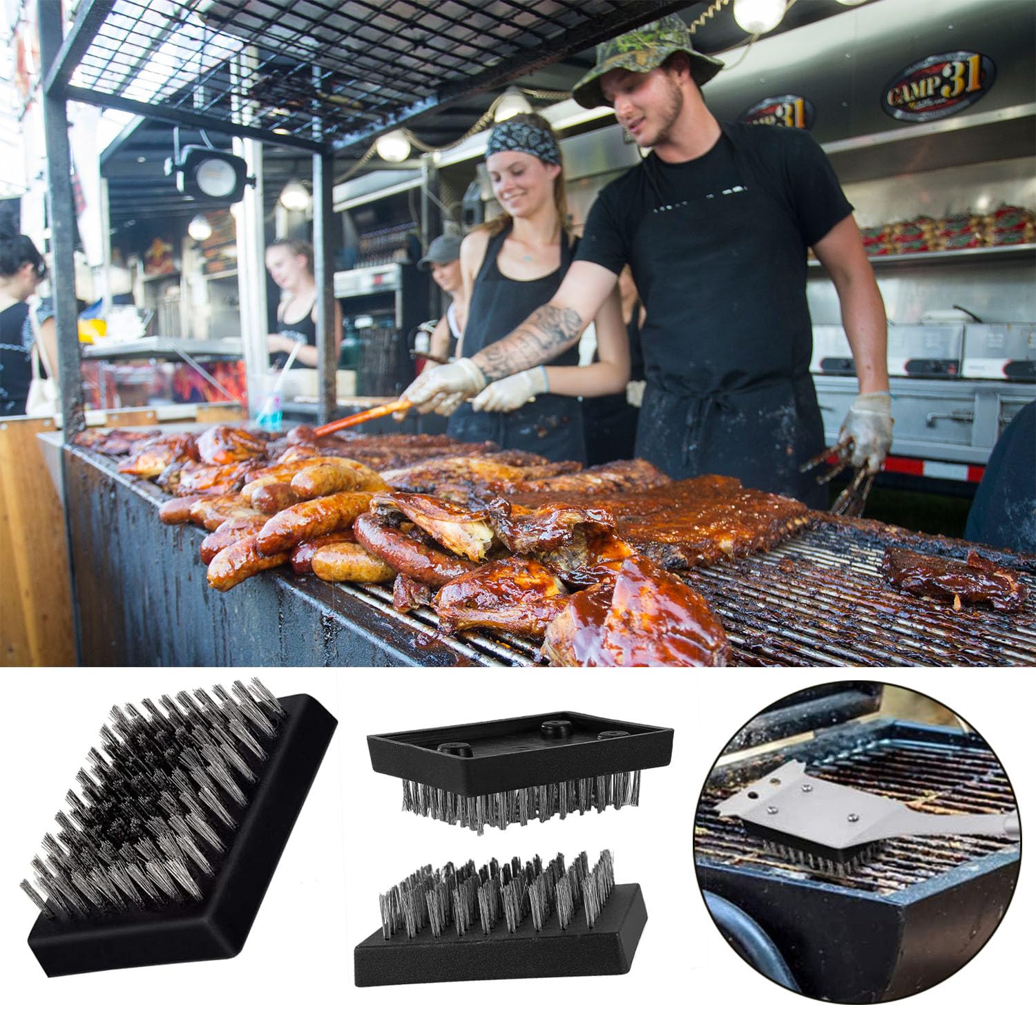 Lot de 4 brosses de nettoyage pour barbecue à poils métalliques - Têtes de rechange pour brosse et grattoir