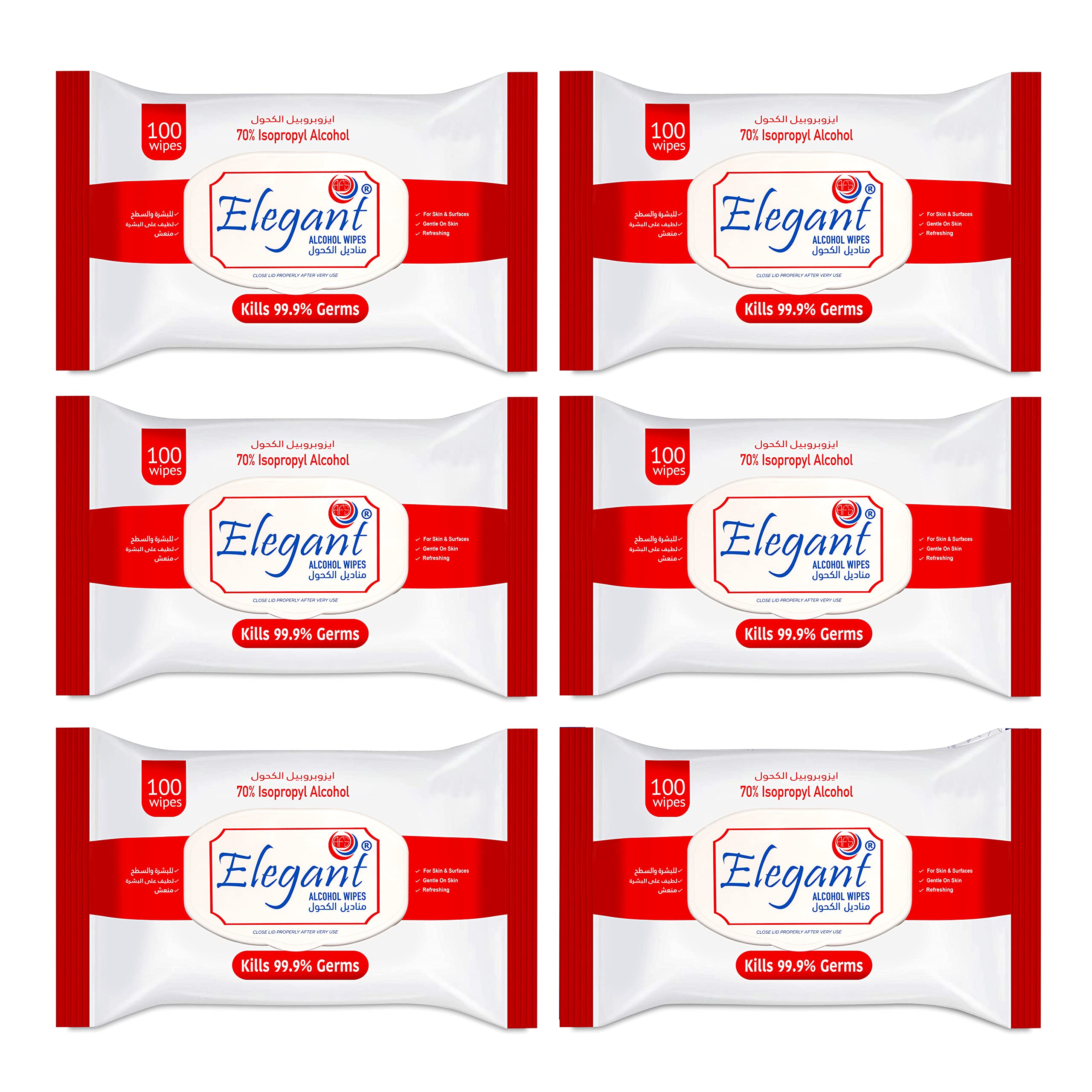 SET OF 6 | Elegant IPA 70 Sanitizing Wipes – 100 Wipes (Pack of 100 X 6 Packets) – Kills 99.9% Germs | IPA Wipes (70% IPA) | Gentle & Refreshing Wipes Wherever You Need, 100 Wipes in 1 Packet