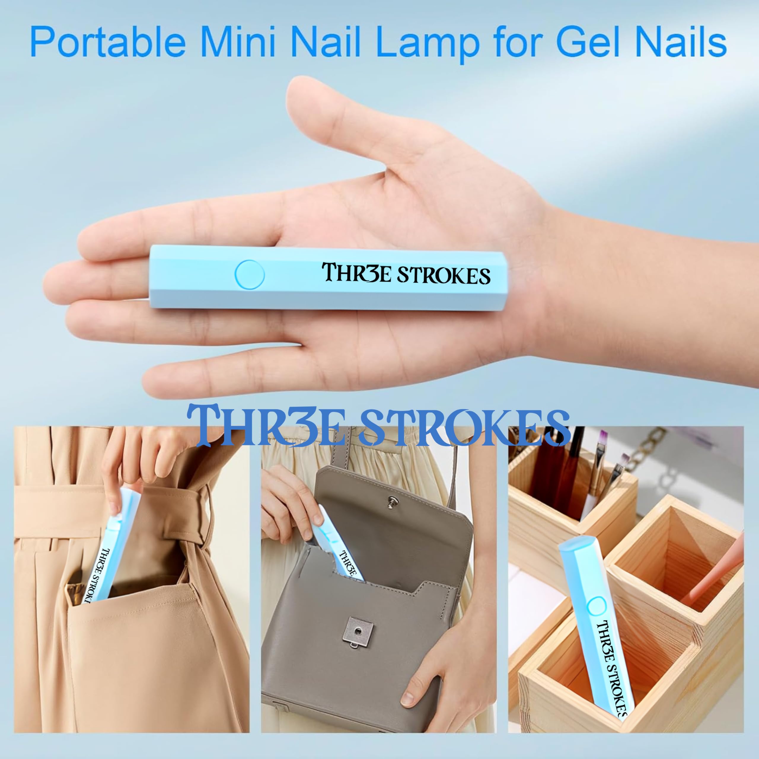 THR3E STROKES Mini UV Light for Gel Nails - Portable Mini Nail Lamp,3W Handheld UV Light for Nails Pen Shape Nail Dryer Professional Led Light for Resin (BLUE) 2