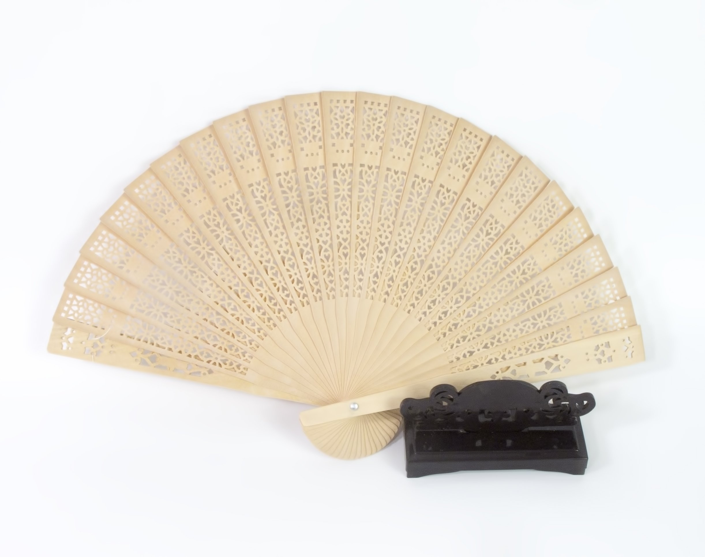 All In One Chinese Scented Wooden Hand Held Folding Fans for Craft Home Wedding Party Event Decoration, Gifts (1pc with Fan Holder)