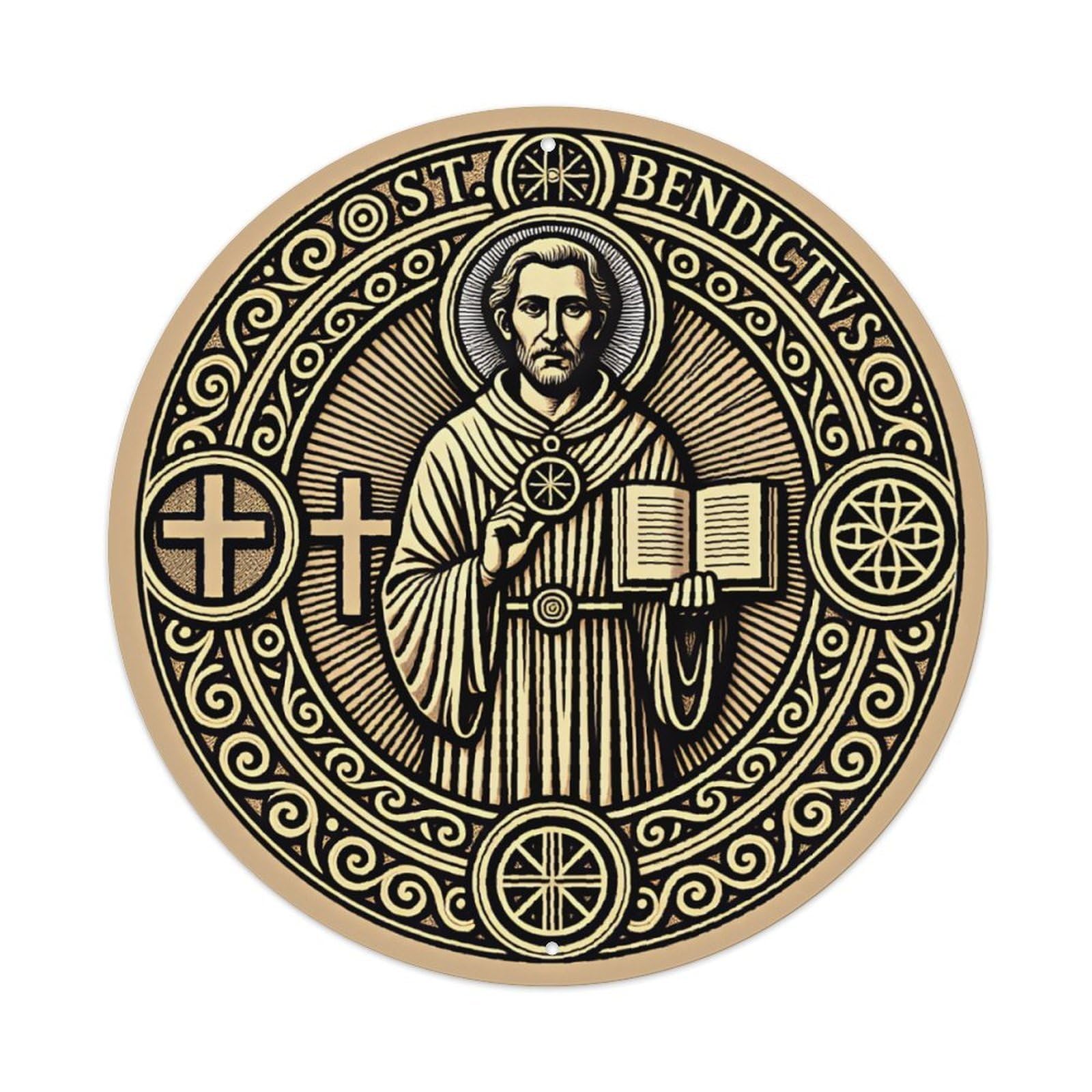 Ldfuieksufg Style Round Vintage St. Benedict Religious Cross Metal Wall Sign Vintage Aluminium Metal Sign, Retro Wall Decor For Home, Bar, Garage & Farmhouse 20X20cm