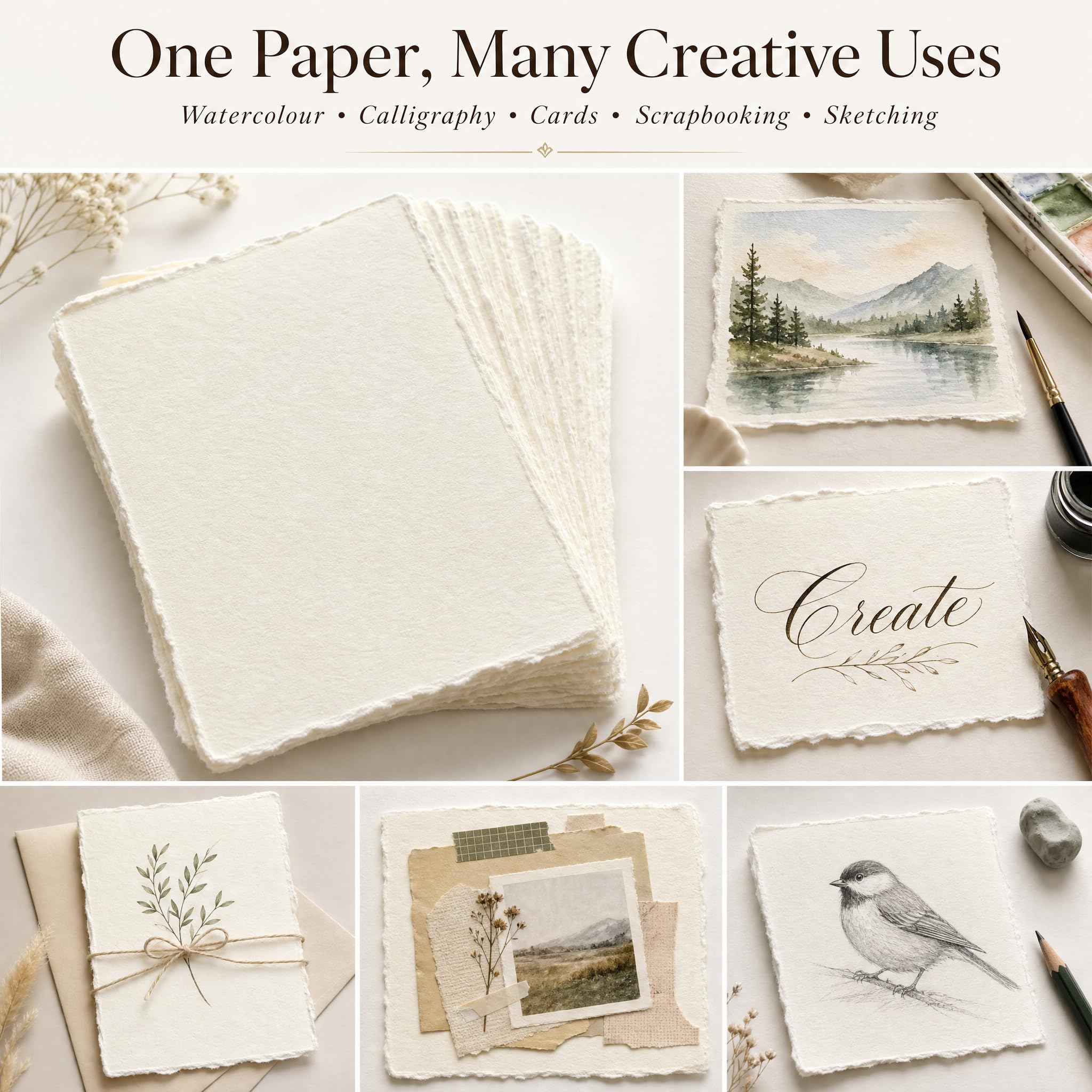 50 Blätter Handgeschöpftes Papier Aquarellpapier mit Büttenrand | 150 GSM, Strukturpapier, Baumwollpapier, Vintage Antikpapier für Handwerk Einladungen Zeichnen Skizzieren Schreiben