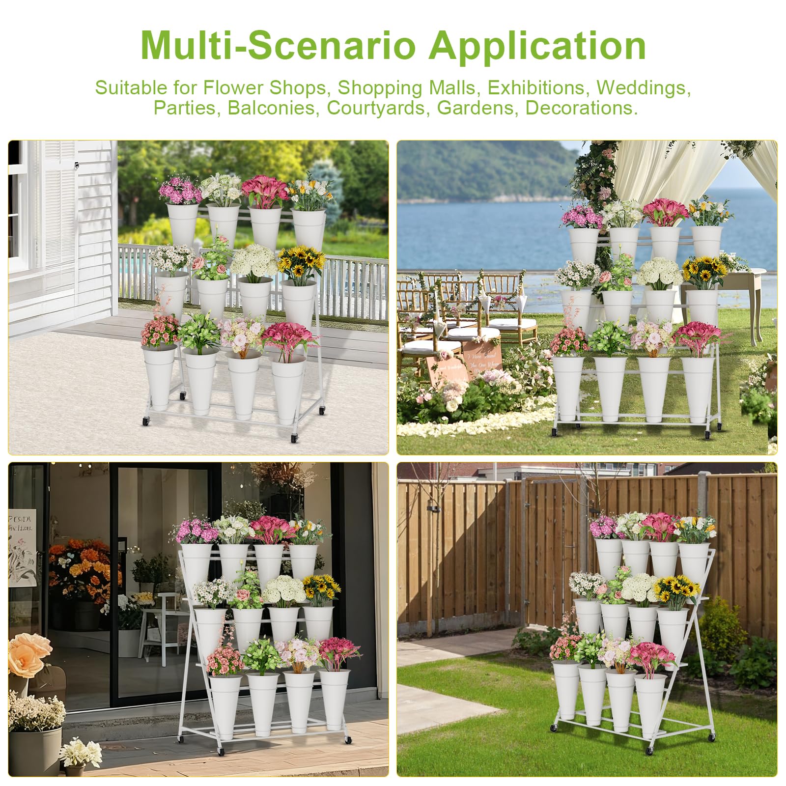 Espositore per fiori a 3 livelli con 12 secchi, doppio cerchio senza agitazione, carrello per fiori da esterno con ruote per casa, patio, giardino, negozio, matrimoni, feste, mostre, interni, bianco