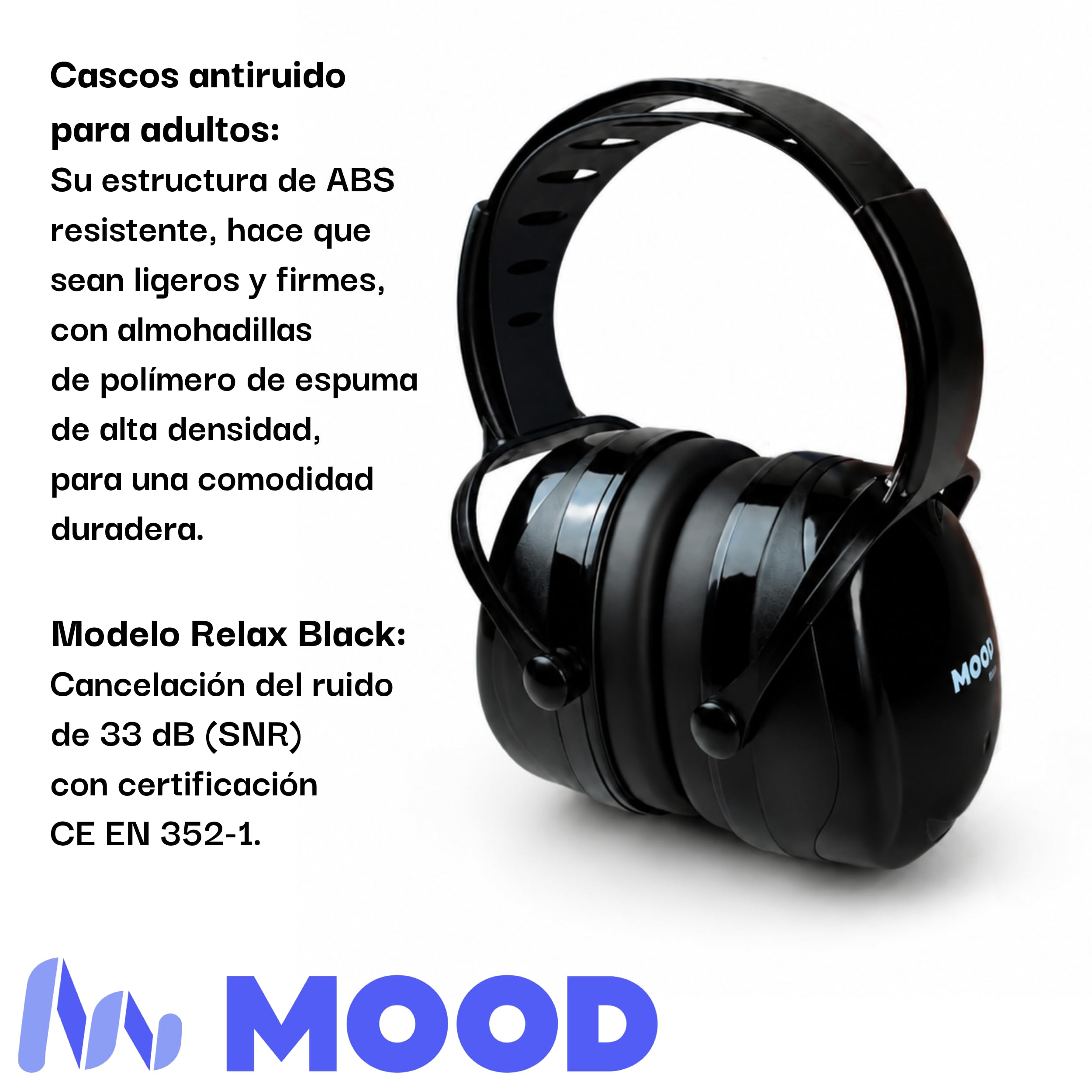 MOOD Cascos antiruido adultos: Reducción del ruido de 33 dB (SNR) - Cascos aislantes del ruido para estudiar, construcción, tiro deportivo - Marca española certificada - Relax Black