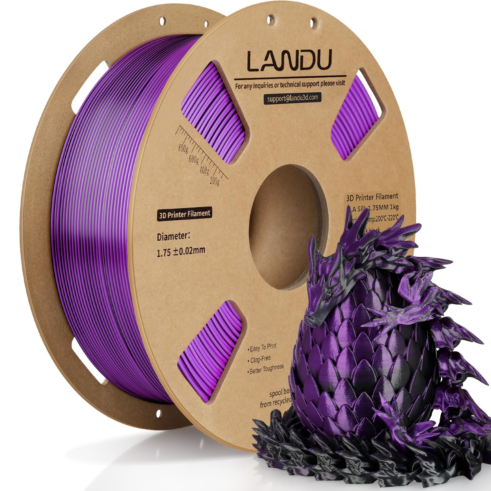 LANDU Silk Dual Color PLA Filament 1.75mm 1KG, 3D Printer Filament Dimensional Accuracy +/- 0.02mm, Coextrusion Filament PLA Shiny Filament Fits for Most FFF 3D Printers,1KG Spool,Black Purple