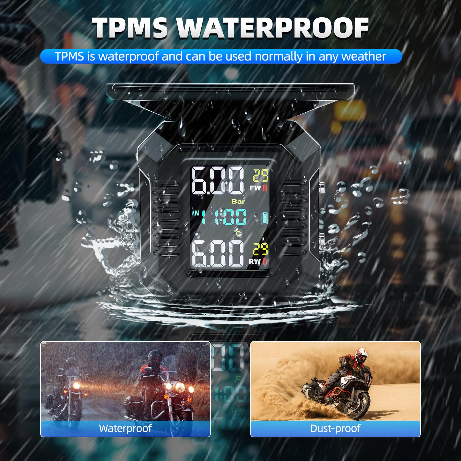 KAOLALI system kontroli ciśnienia w oponach dla motocykli TPMS, bezprzewodowy system TPMS do motocykli z ładowaniem solarnym/USB i wyświetlaczem LCD, z 2 zewnętrznymi wodoodpornymi czujnikami