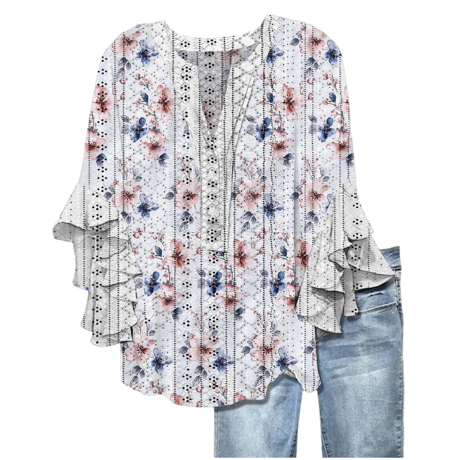Women's Eyelet Tops V-Neck Ruffle 3/4 Sleeve Blouse Casual Loose Button Up Henley Shirts Boho Flowy Beach Clothes — view 10