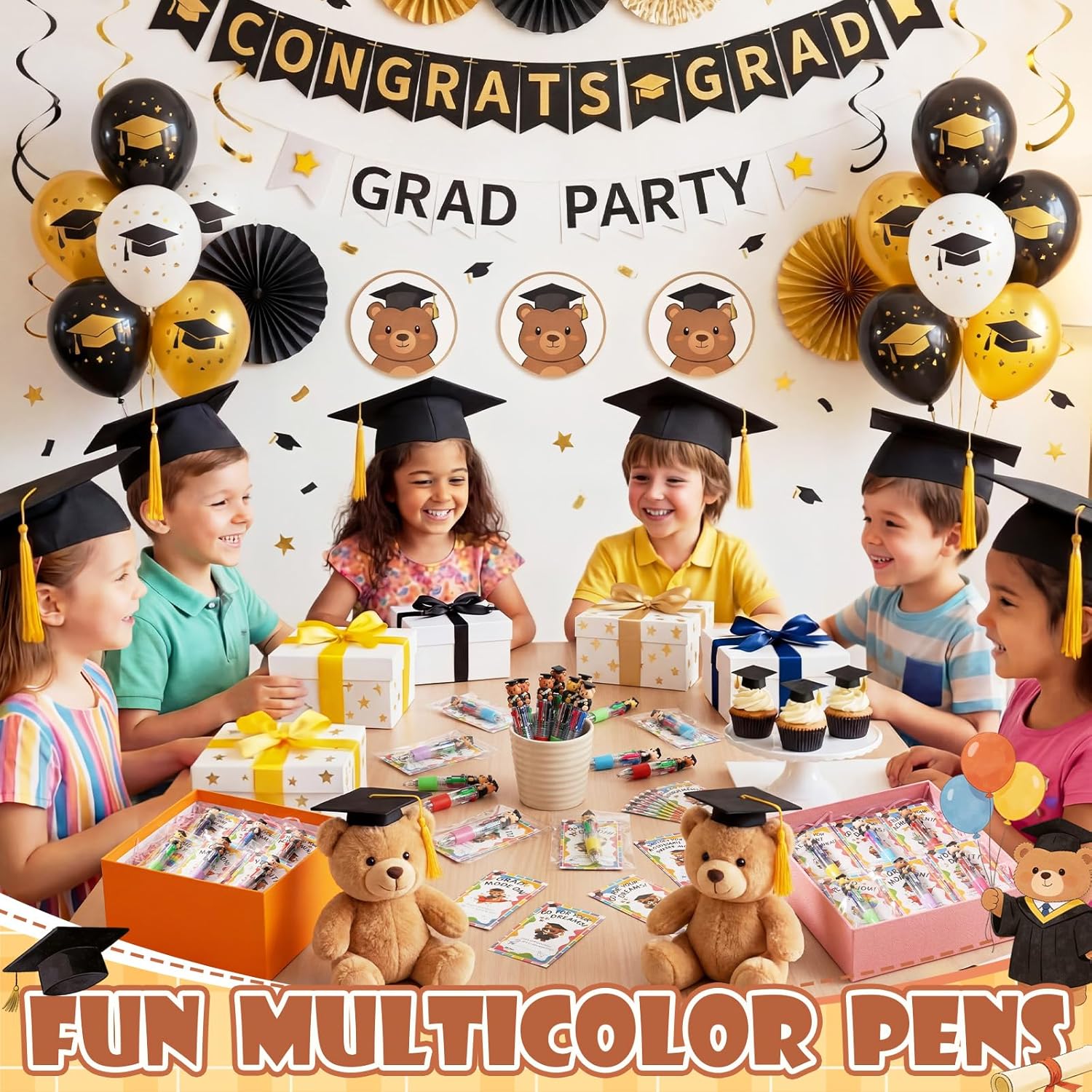Crtiin 24 Sets Graduation Gifts for Students Bulk, Mini Multicolor 4-in-1 Ballpoint Pens with Inspirational Cards, Graduation Party Favors Exchange Gifts Bulk End of Year(Bear)