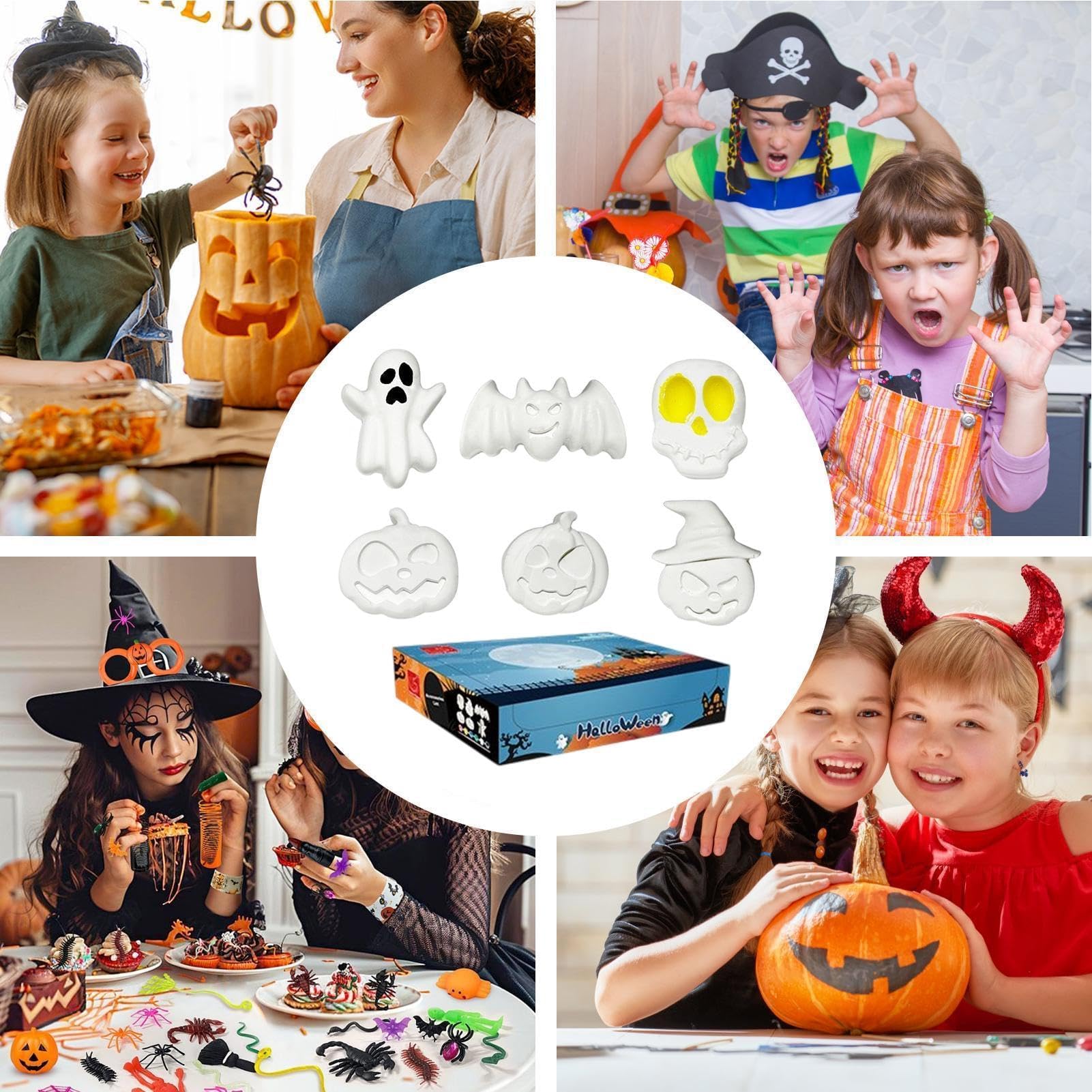 Figuras de yeso en blanco para pintura de Halloween - Calabaza sin pintar, fantasma, adornos artesanales para niños y adultos, ideal para salas de clase, actividades de hogar y fiestas