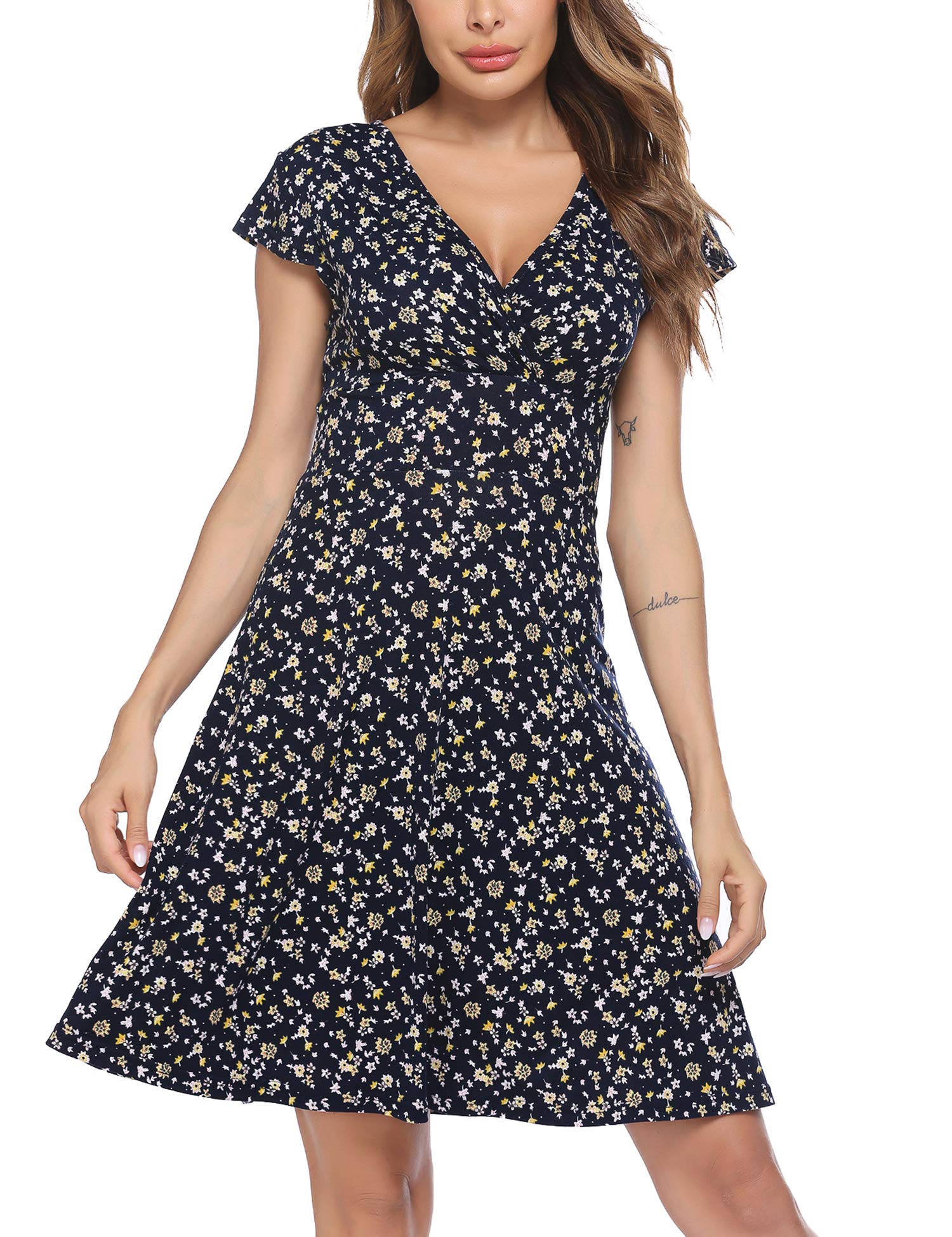 Beyove Sommerkleid Damen Knielang V-Ausschnitt Blümchenkleid A Linie Kurzarm Jerseykleid Floral Sommer Wickelkleid Strandkleid