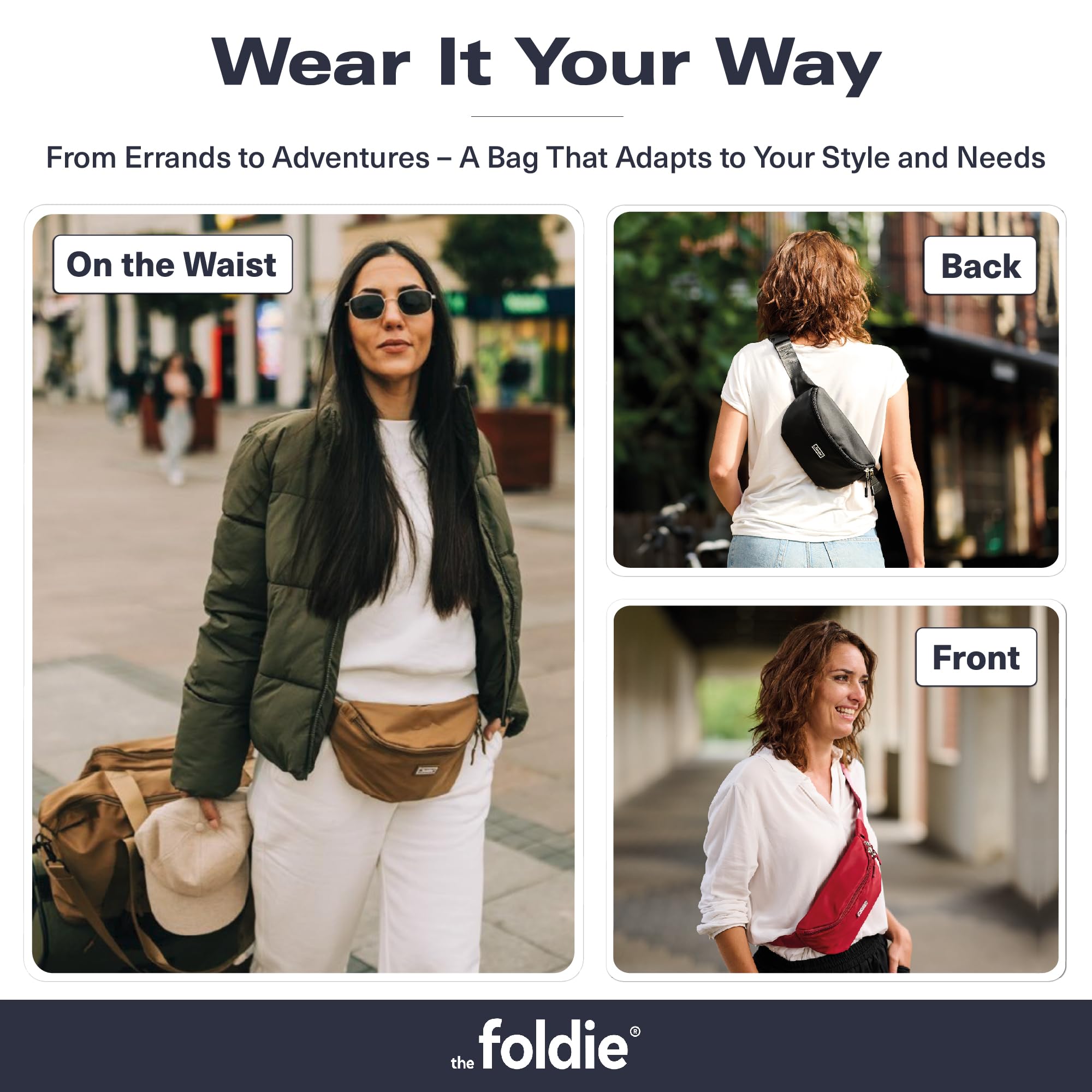 The Foldie Foldable Crossbody Bags for Women & Men - Anti-Theft RFID-Safe Fanny Pack with Smart Lockable Zippers and Cut-Resistant Strap - Lightweight Waist Pack for Travel & Everyday Use - Black