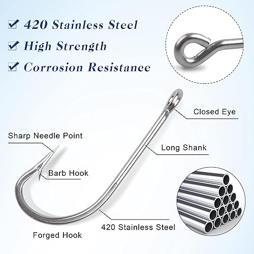 Miniatura 2 de Ganchos de pesca de agua salada, 45 ganchos de acero inoxidable O'Shaughnessy forjados largos y rectos, gancho de pesca en J, extra fuerte para agua