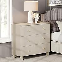 WAMPAT Memory 3-Drawer Nightstand: Modern Beige Linen Bedside Table, 35" Wide Chest with Gold Knobs for Bedroom & Living Room Storage