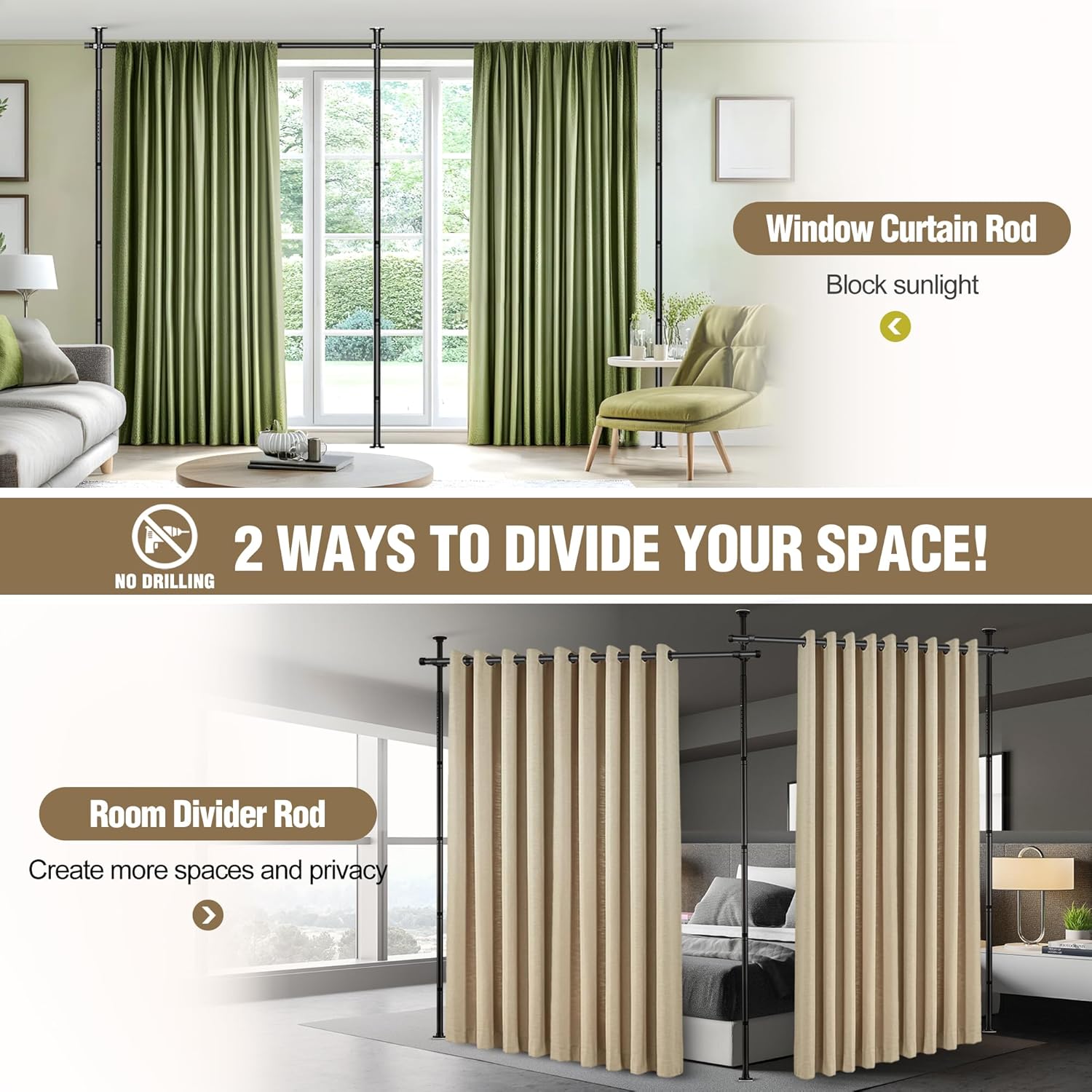 Room Divider Curtain Rod, No Drilling Tension Rod for Room Separation, Adjustable 4-10ft(H) 30-147"(W) Heavy Duty Floor to Ceiling Wall Divider Space Partition Privacy Separator for Dorm Office, Black