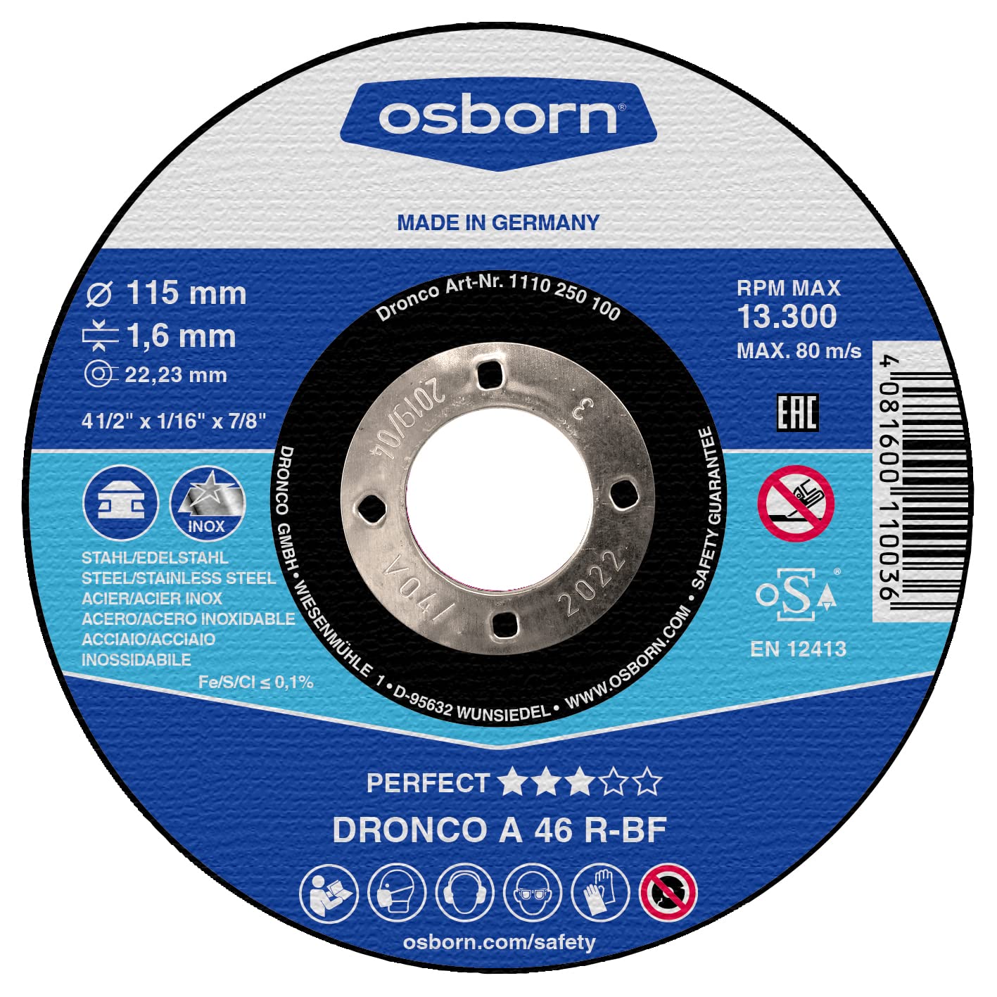 Osborn Dronco 1120250100 Perfect Express A 46 R Free Hand Cutting Disc, Stainless Steel, 125 mm Diameter x 1.6 mm Thickness x 22.23 mm Hole Diameter, 12200 rpm (Pack of 25)