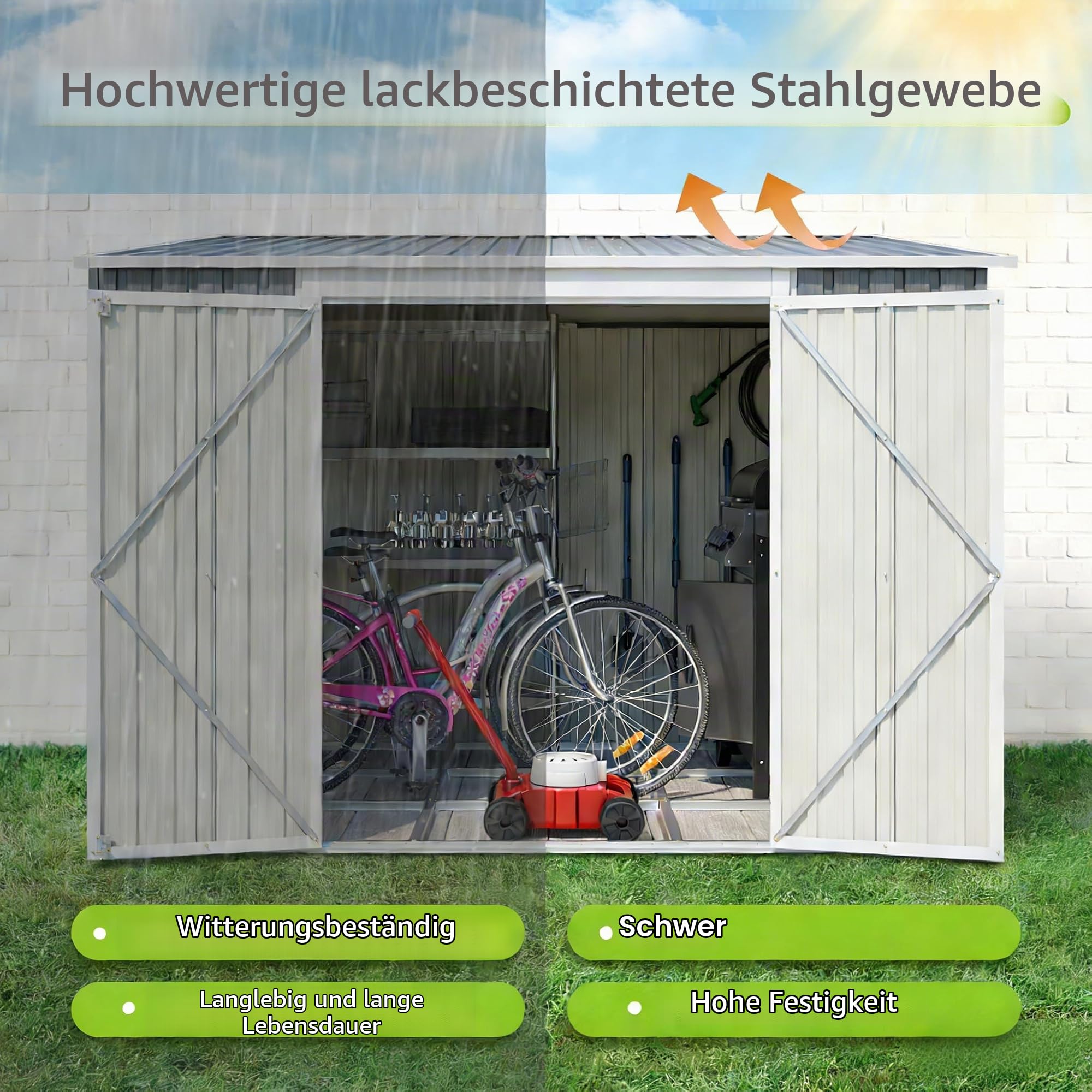 Metall-Geräteschuppen 1,8x2,4m mit Boden, Doppeltür, wasserfest, Garten