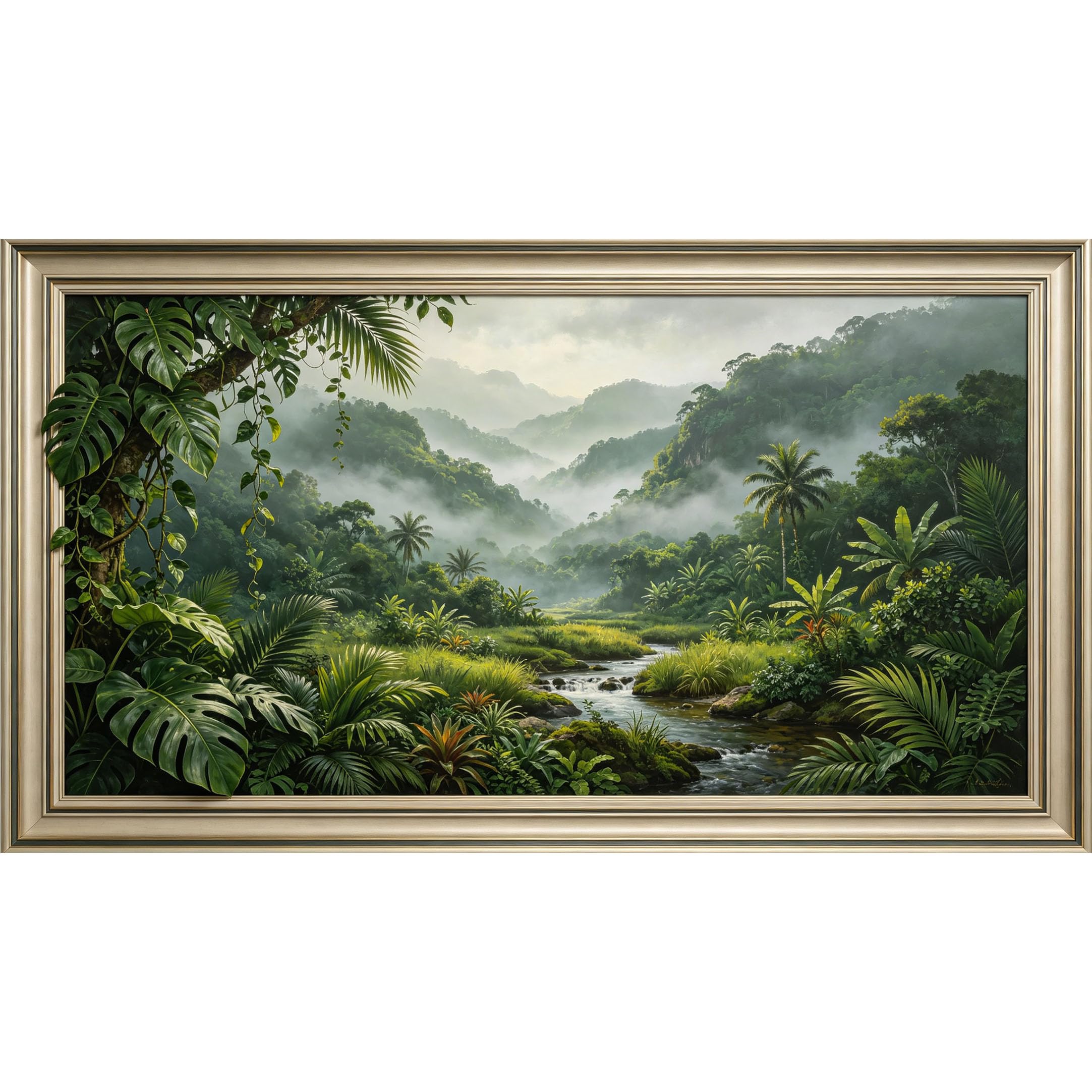 QZLITHOTIC 50x90cm3D Framed Wall Art， Tropical Jungle Mist Landscape Self‑Adhesive Mural， Water‑Activated Peel & Stick Fabric Decor Wall Decal for Bedroom Living Room