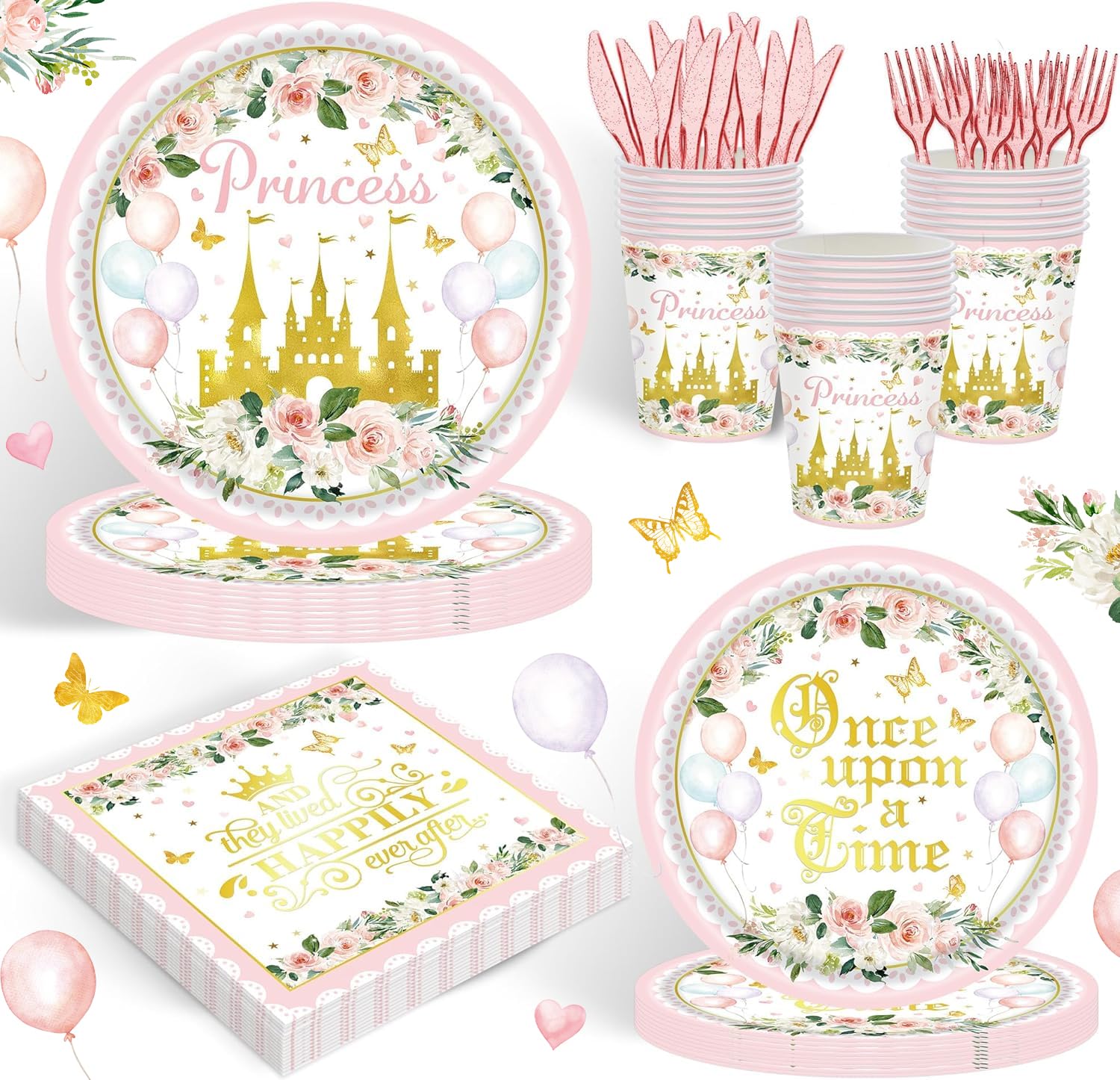 120PCS Princess Party Supplies for Girls Kids Baby Shower 1st Birthday Fairytale Castle Themed Party Decorations Once Upon A Time Tableware Set Plates Napkins Cups Set for 20 Guests