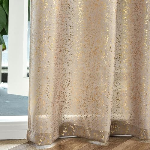 Miniatura 4 de TERLYTEX Cortinas doradas de 84 pulgadas de largo para sala de estar, 2 paneles, cortinas brillantes con estampado metálico dorado con purpurina
