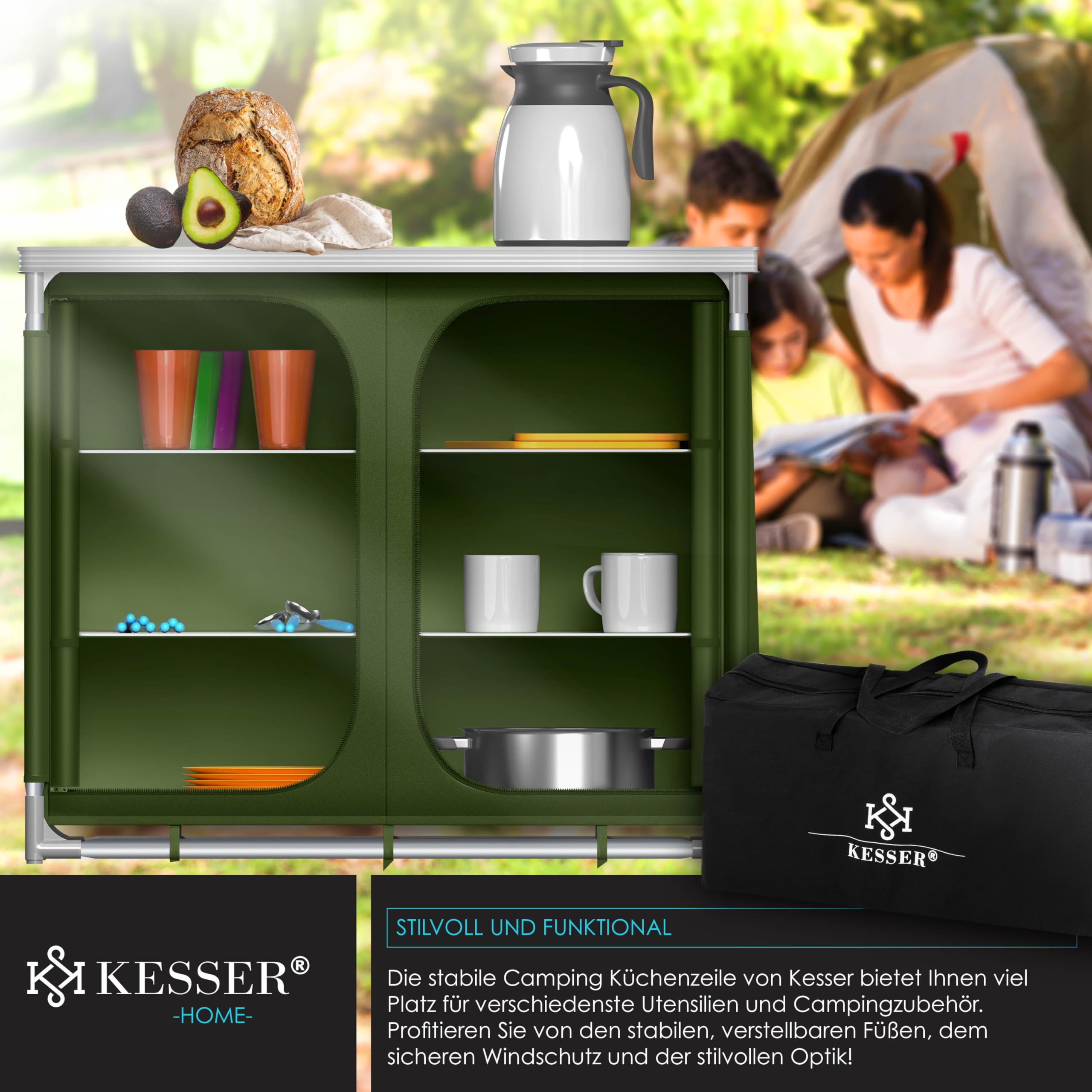 KESSER® Cucina da campeggio, con borsa per il trasporto e set di bicchieri, armadietto da campeggio pieghevole, con struttura in alluminio, cucina da viaggio, armadietto da campeggio, cucina