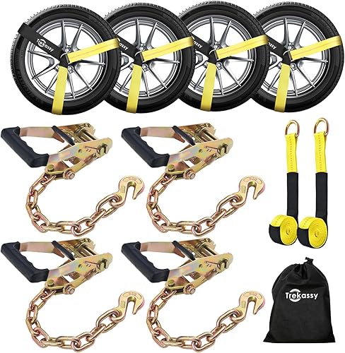 Trekassy Car Tie Down Straps for Trailers with Heavy Duty Chain Anchors, 6 Pack 2" x 96" Lasso Style Tire Straps (2 for Replacement), 10,000lbs