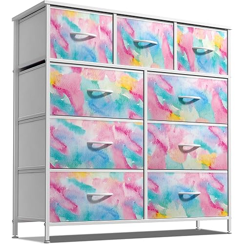 Sorbus Dresser with 9 Drawers - Furniture Storage Chest for Kid’s, Teens, Bedroom, Nursery, Playroom, Clothes, Toys - Steel Frame, Wood Top, Fabric Bins (Tie-dye)