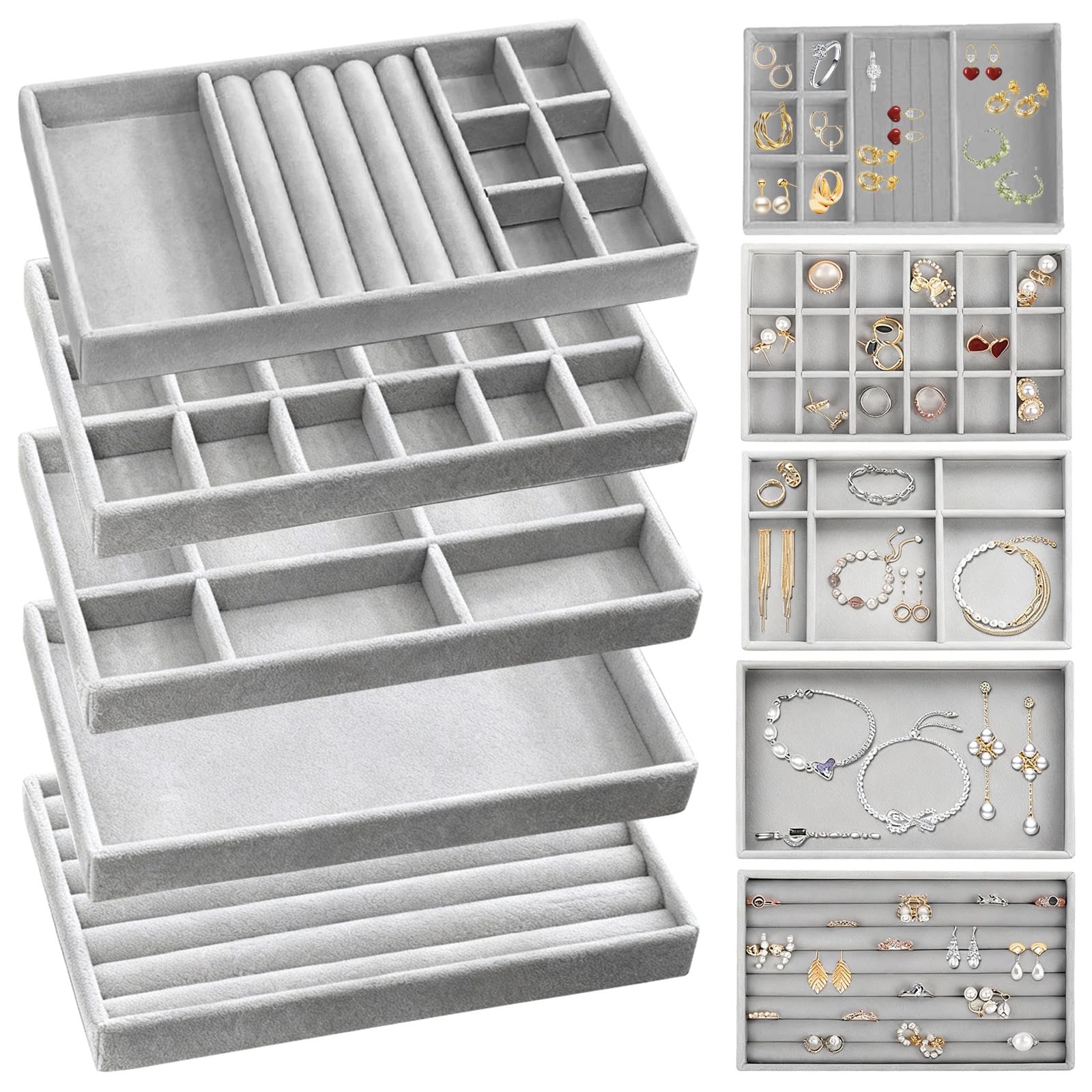 5 Pcs Jewellery Organiser Trays, Stackable Velvet Drawer Inserts, Grey