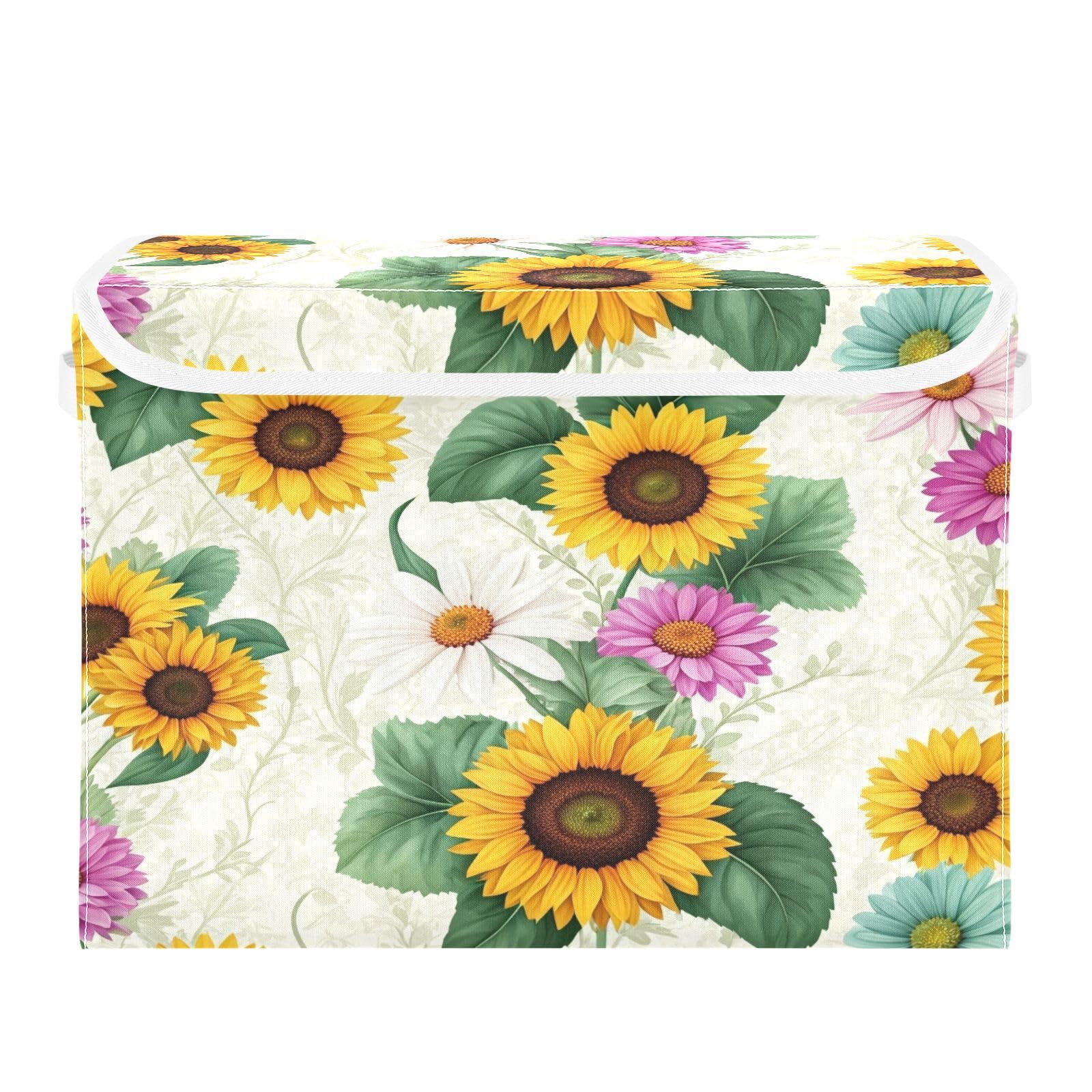 Ewusp Sunflowers Fabric Storage Bin with Lid, Decorative Foldable Storage Basket with Handles, Stackable Closet Shelf Organiser Box for Clothes, Books, Bedroom, Living Room