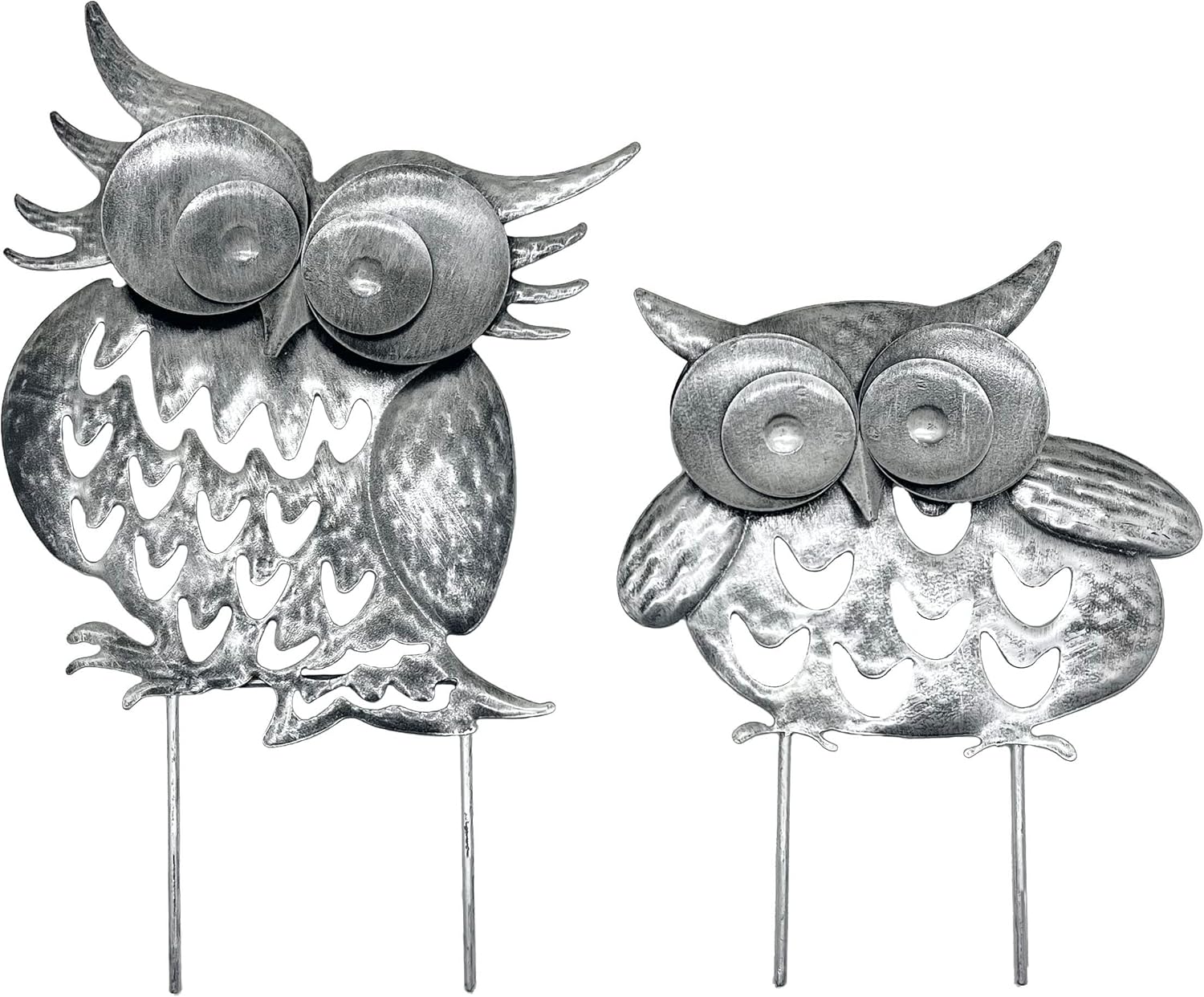 Pack of 2 Metal Owl Garden Statues Silver Silhouette Owl
