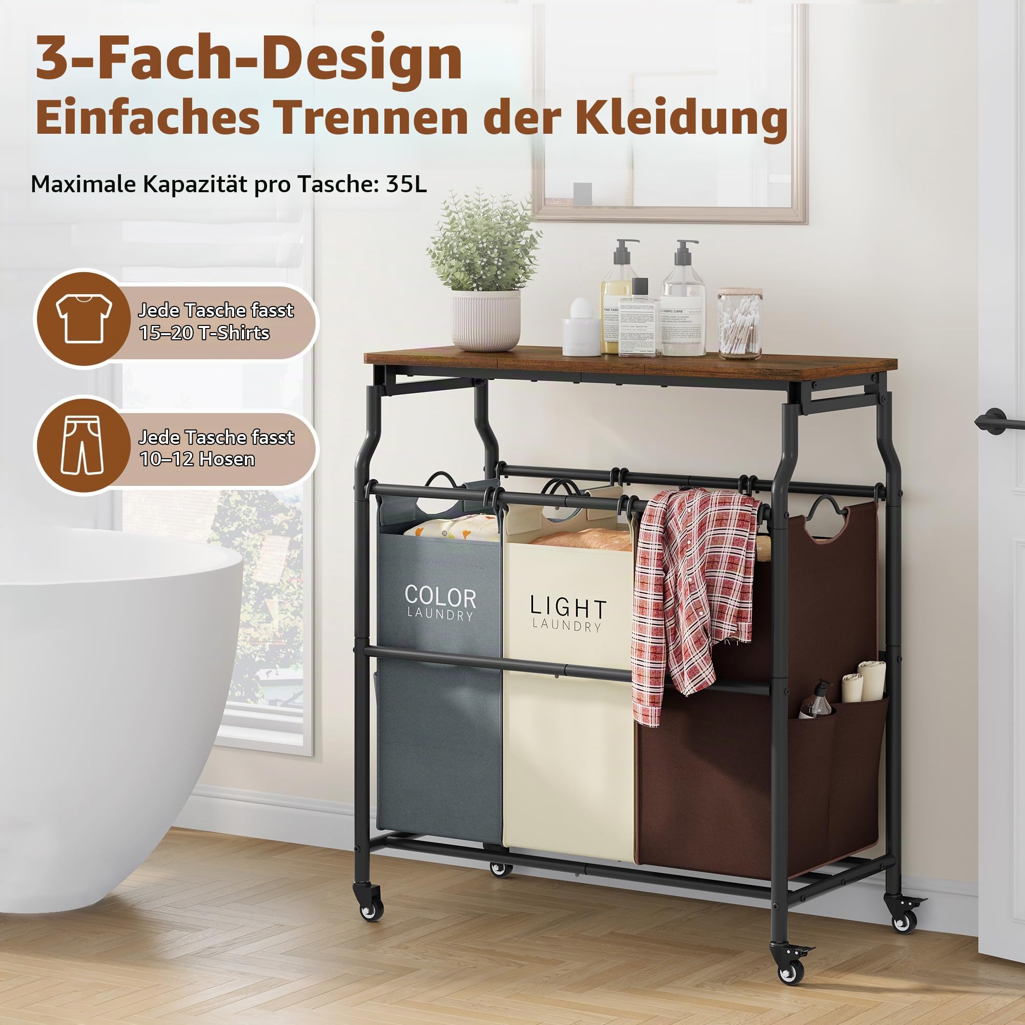 Hoctieon Wäschewagen mit 3 Fächern, Bügelbrett, Wäschekorb mit Ablage und Rollen, Robustem Wäscheorganizer, Großem Wäschetrenner mit Herausnehmbaren Säcken, Graun&Braun&Weiß
