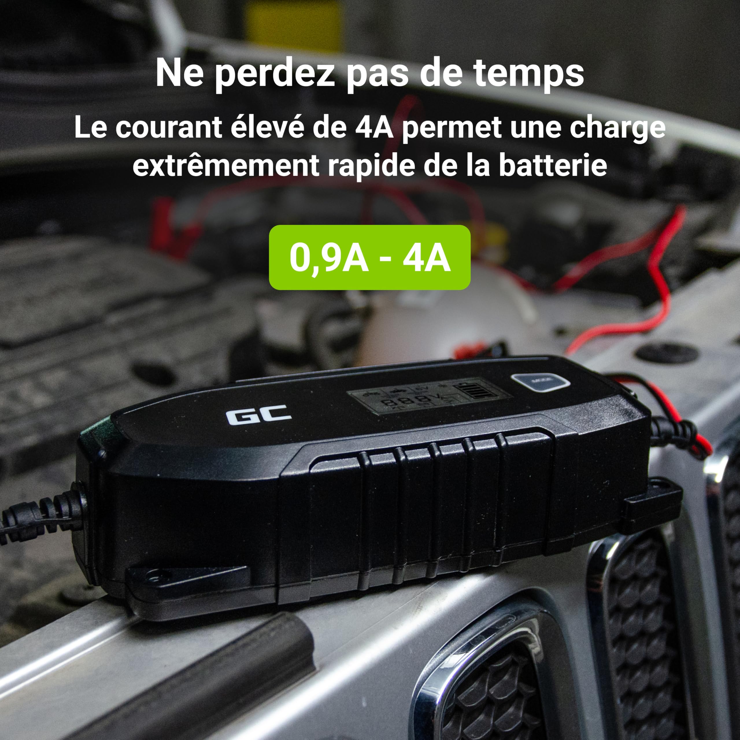 Green Cell® Chargeur Automatique Intelligent 6V/12V 4A (SLA, AGM, Gel, EFB, Wet, LiFePO4) Chargeur de Batterie avec Mode de reconditionnement de Test de Batterie pour Voiture Moto Camion Automobile