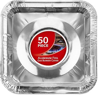 Disposable Gas Burner Liners (50 Pack) Aluminum Foil Square Gas Stove Burner Covers - 8.5 Inch Gas Range Protector, Stove Top Covers for Gas Burners, Foil Liners to Catch Oil, Grease, and Food Spills