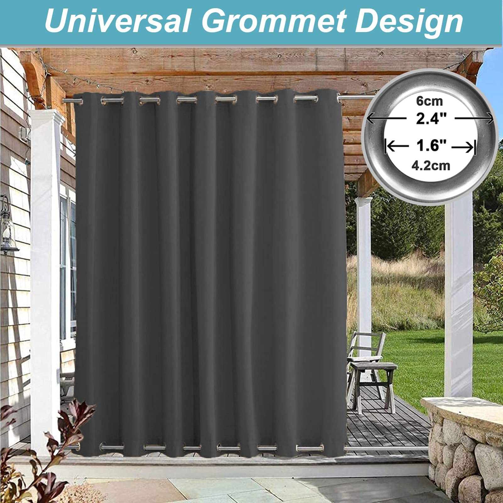 RDJSHOP Outdoor Vorhänge Aussenvorhang mit Ösen Oben(ID:4.2cm)+Unten(ID:4.2cm) Winddicht Wasserabweisend Sichtschutz Sonnenschutz UVschutz, 1 Stück,Grau-B210xH230cm