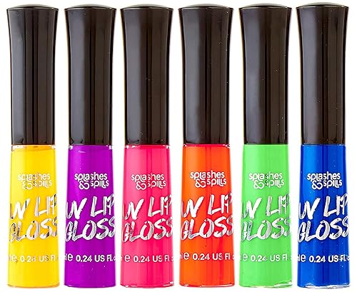 splashes & spills Brillo de labios UV Blacklight – Paquete variado de 6 colores, 0.14 oz – Día o Noche – Maquillaje de discotecas o disfraces